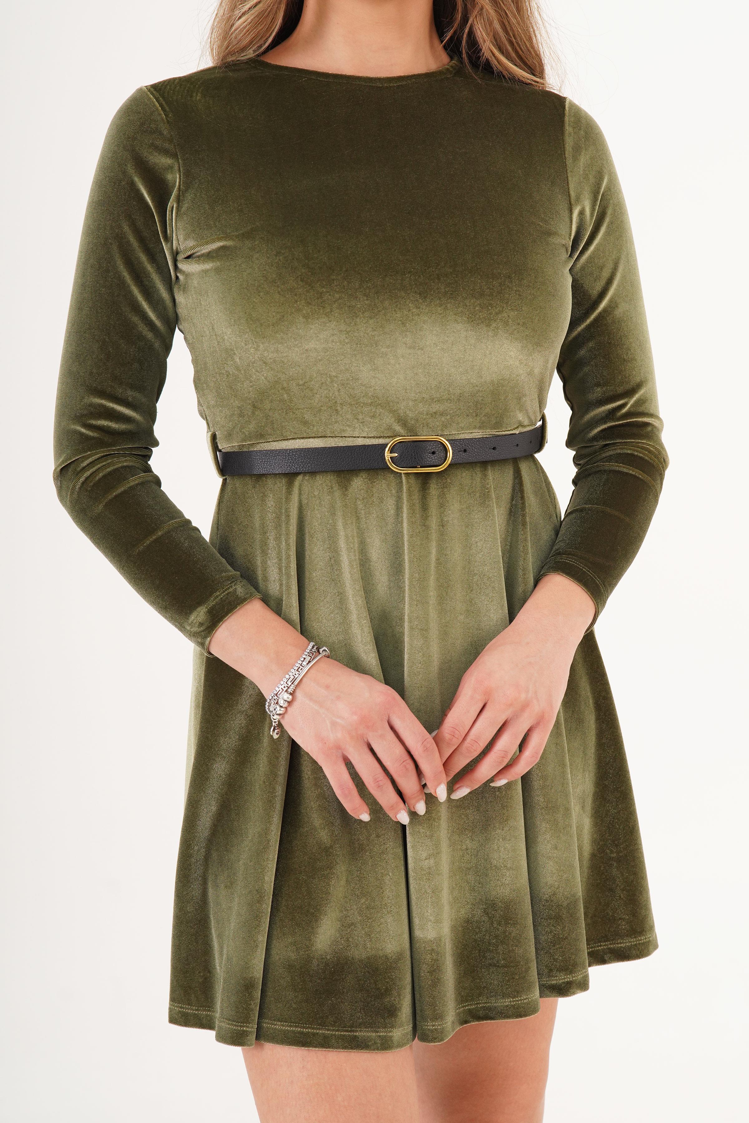 Kemerli Kloşlu Kadife Haki Toptan Elbise