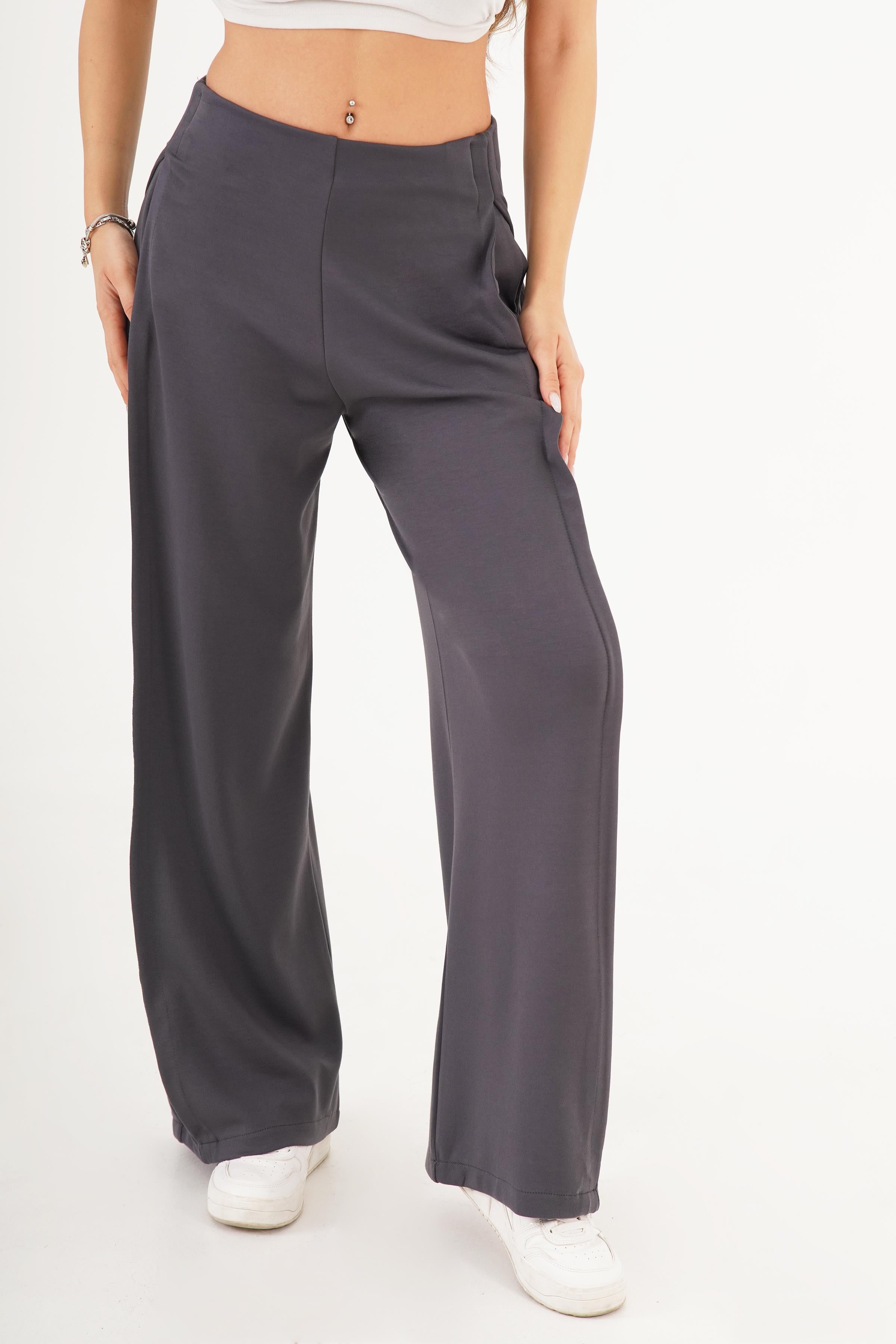 Yan Boydan Pileli Yüksek Bel Antrasit Spor Pantolon