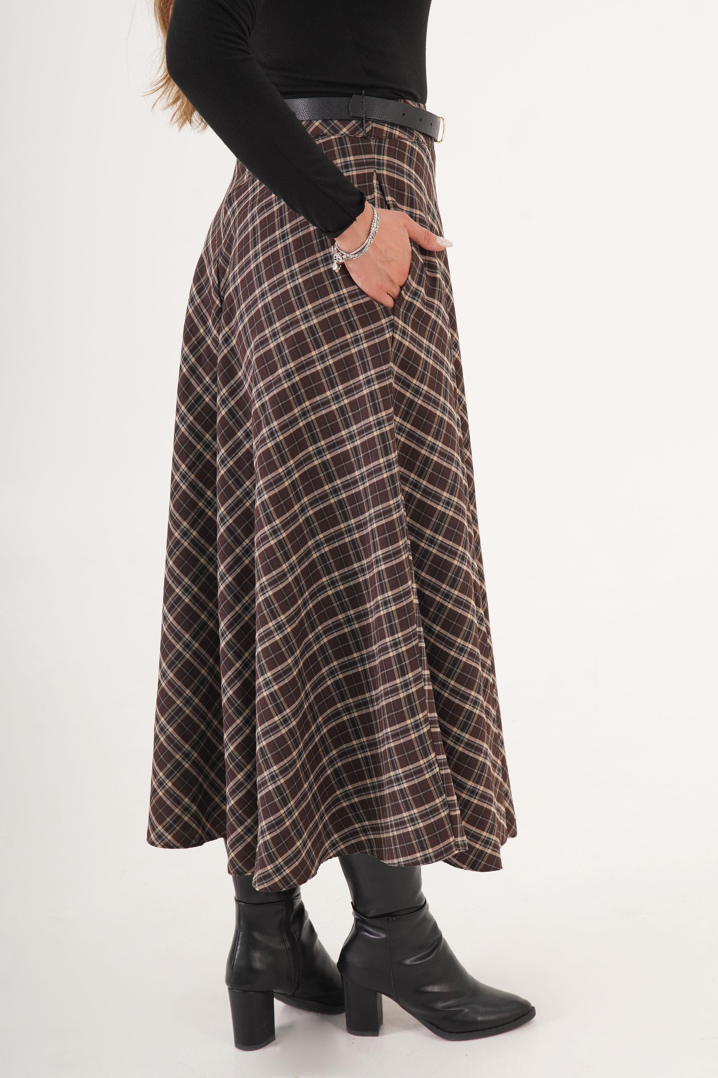 Volan Kesim Kahve Ekose Uzun Toptan Etek