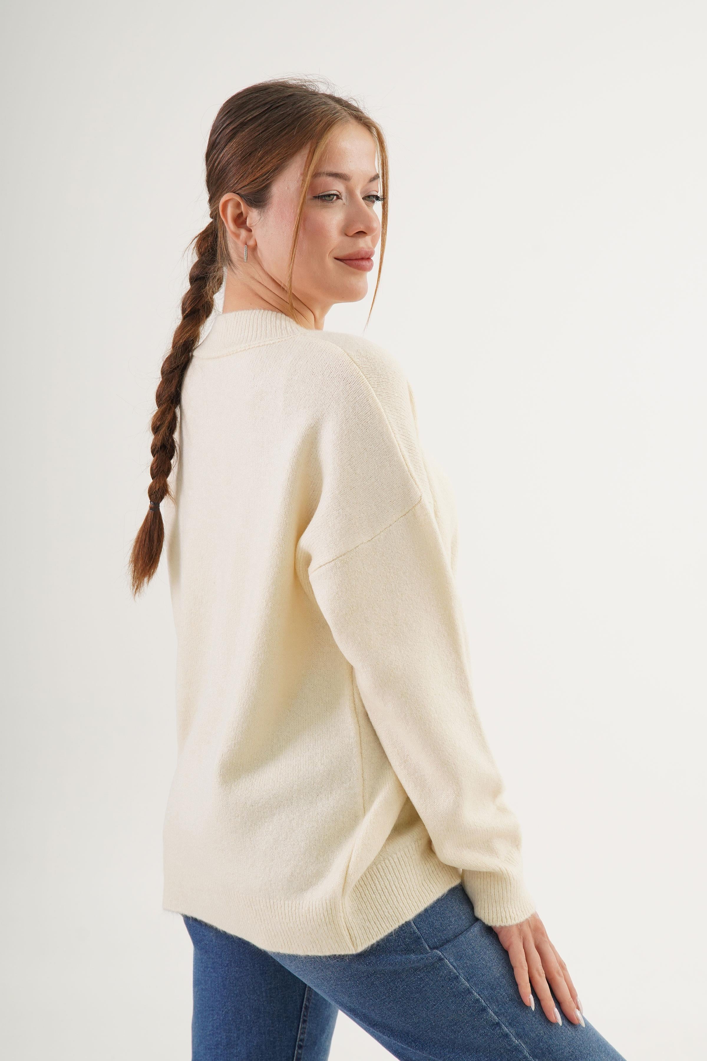 Ayıcık Nakışlı Bisiklet Yaka Toptan Krem Triko Kazak