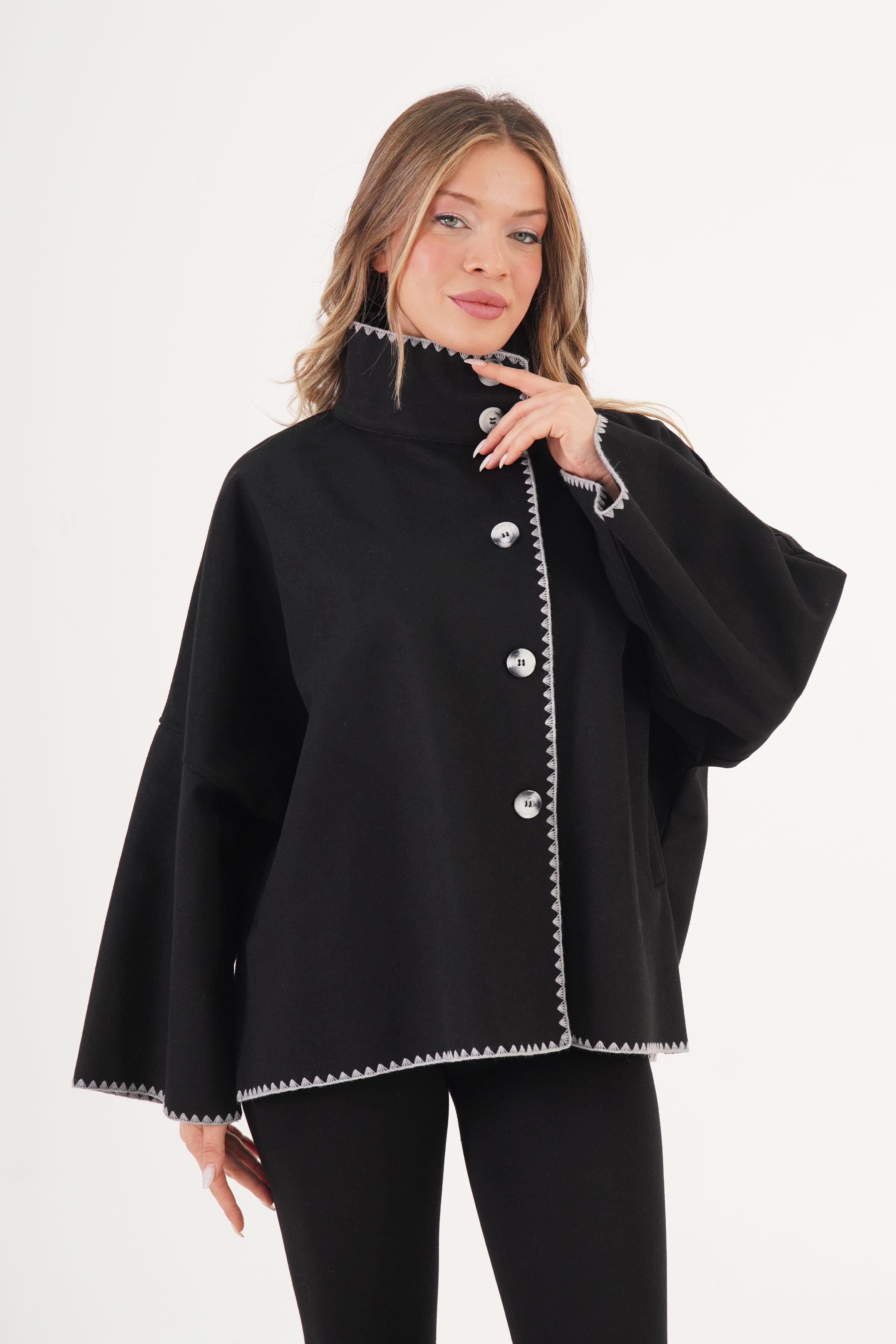 Kroşatalı Düğmeli Toptan Siyah Panço Siyah STD