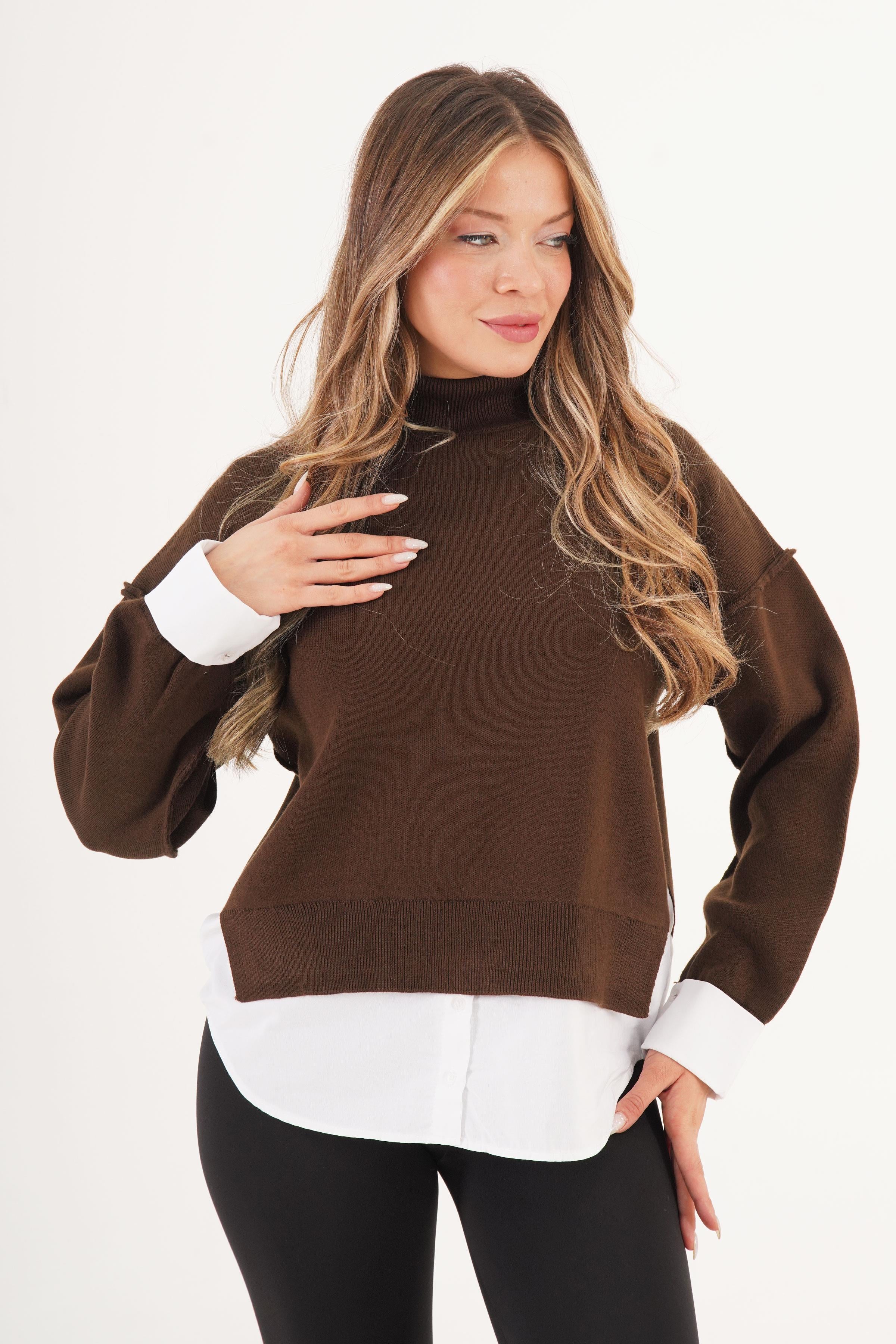 Gömlek Detaylı Dik Yaka Kahve Toptan Kazak