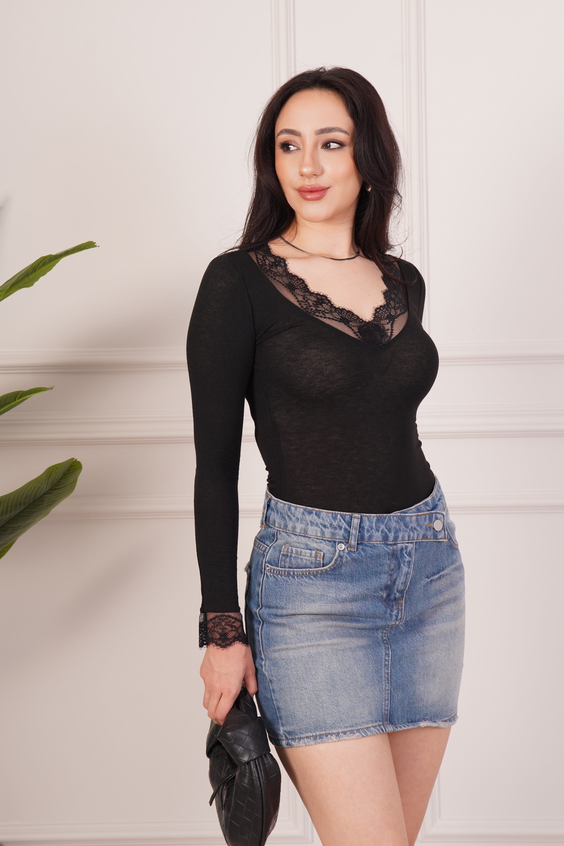 Dantel Detaylı Uzun Kollu Siyah Toptan Body Bluz Siyah S