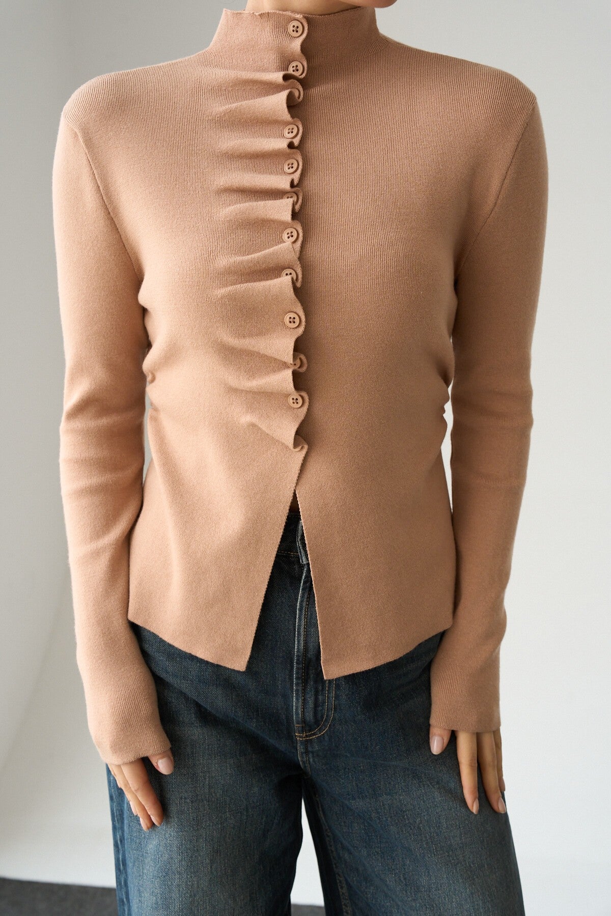 Camel Apricot Self-Shirred Cardigan