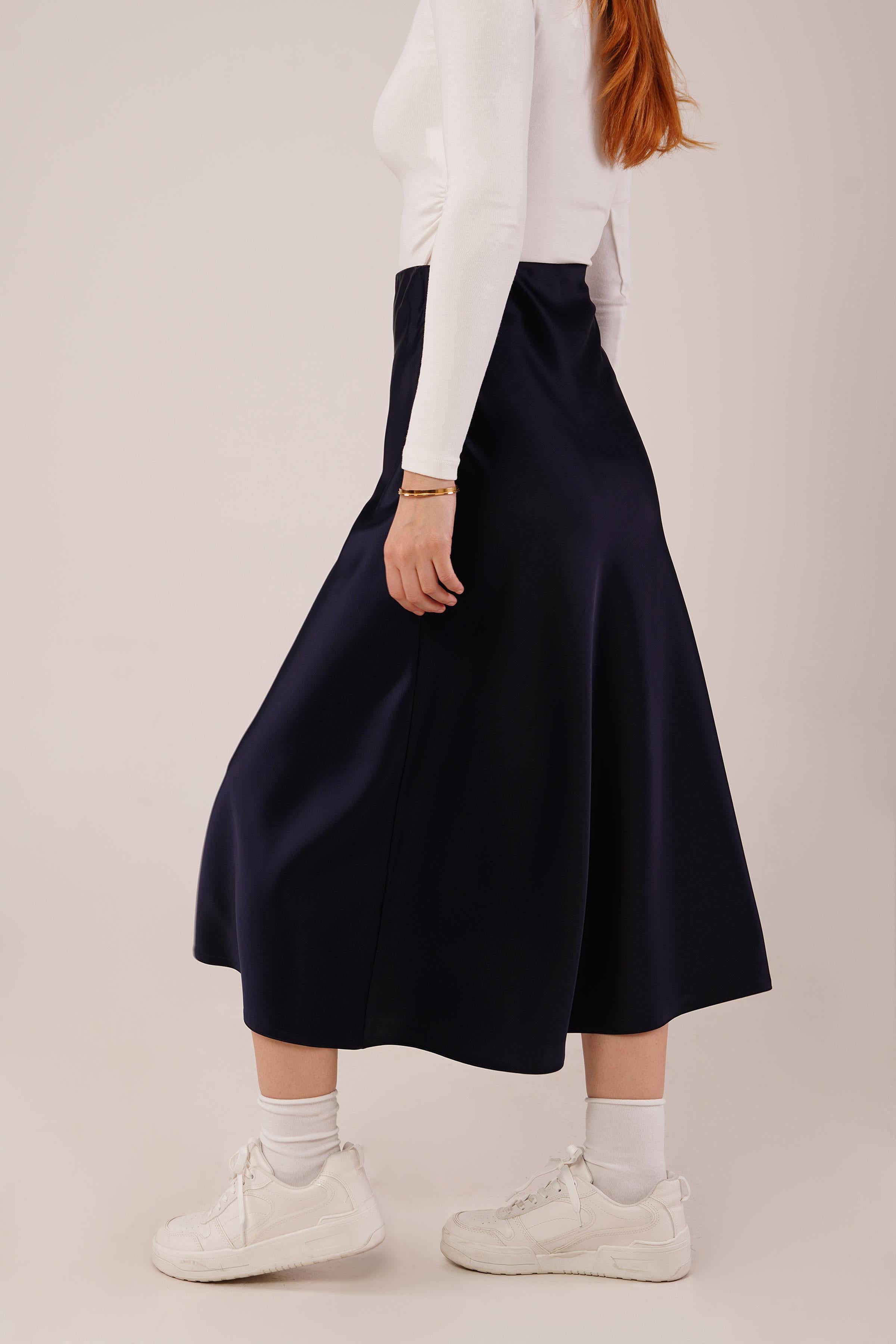 Çan Kesim Midi Lacivert Toptan Saten Etek