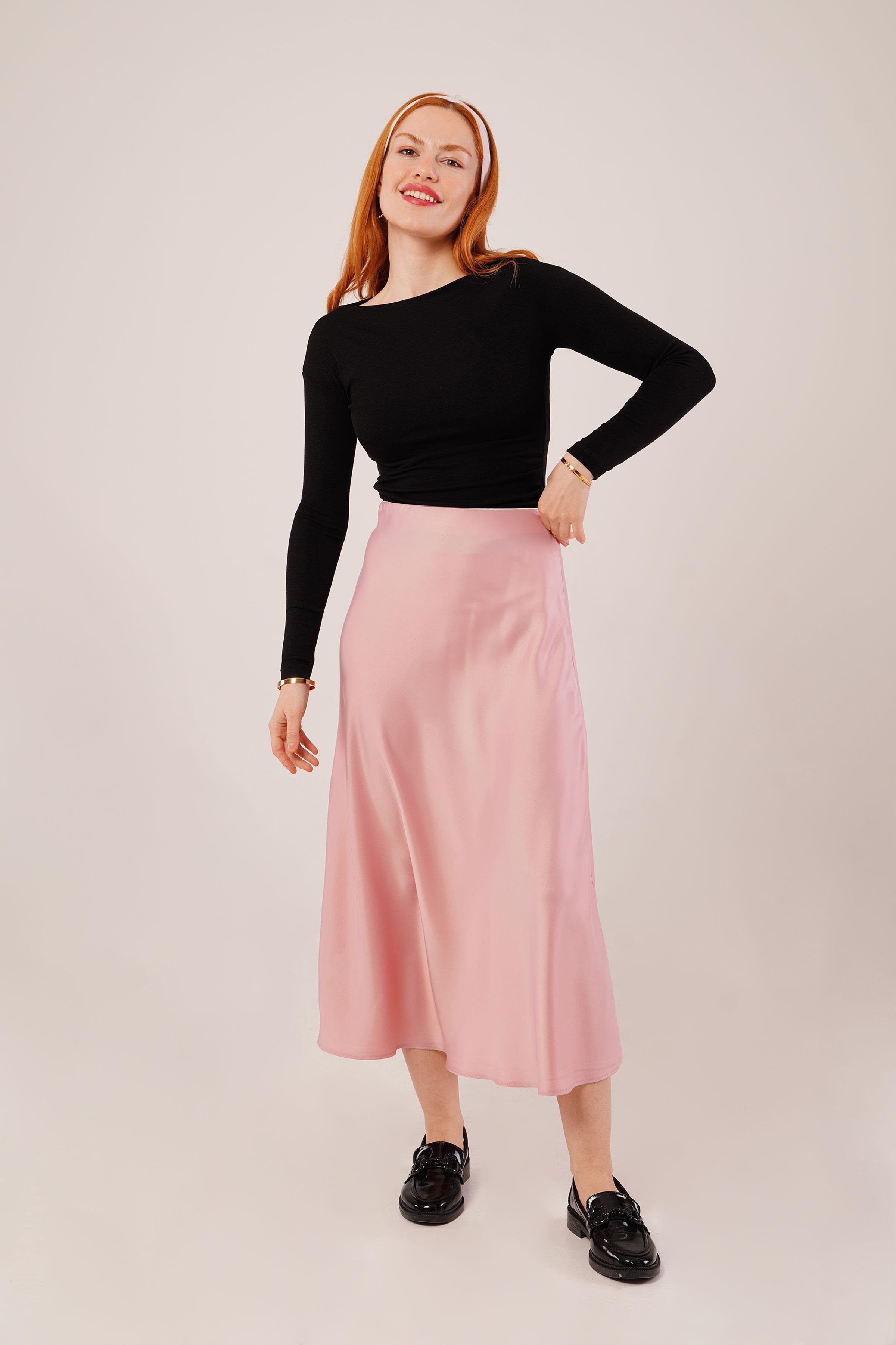 Çan Kesim Midi Pembe Toptan Saten Etek