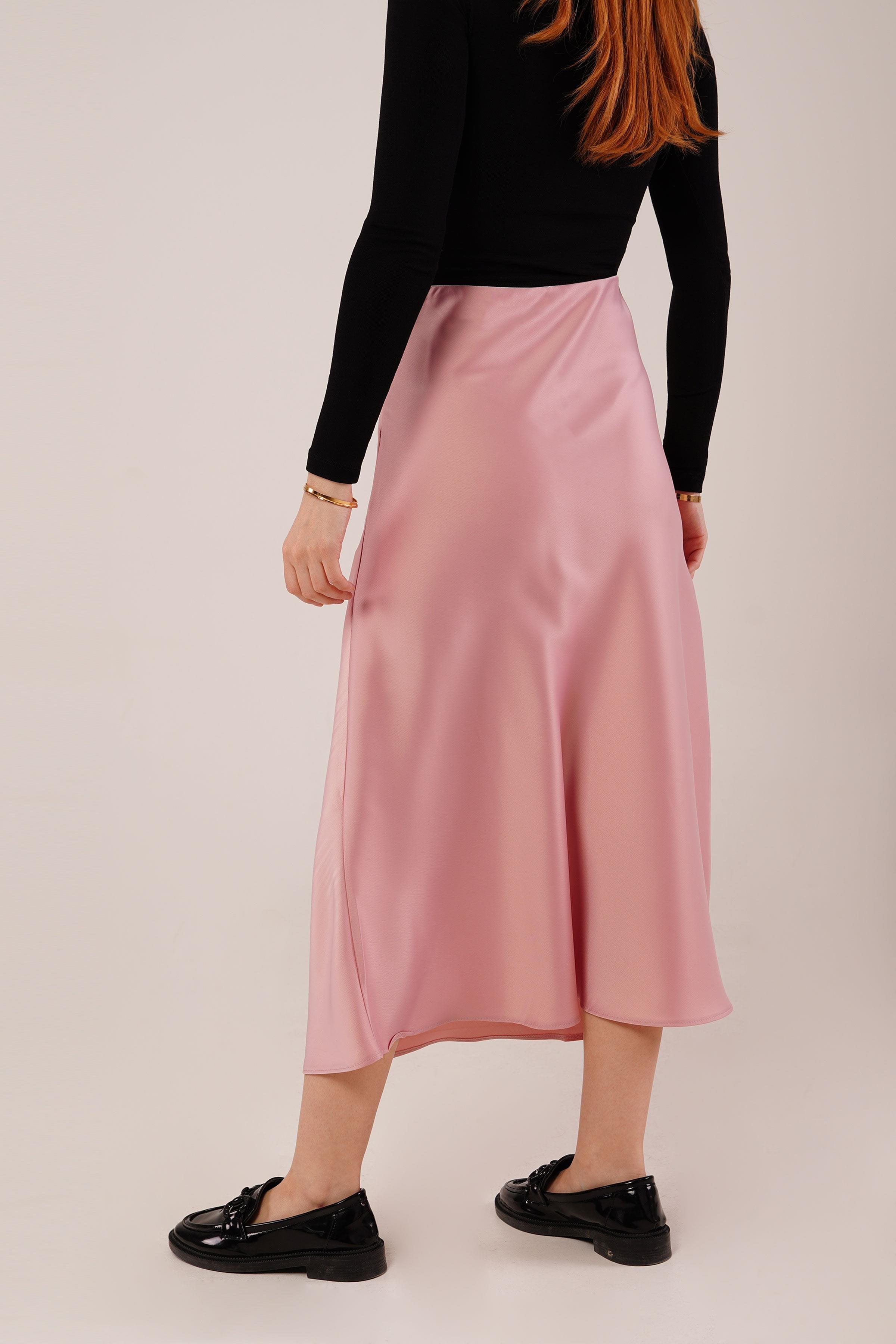 Çan Kesim Midi Pembe Toptan Saten Etek