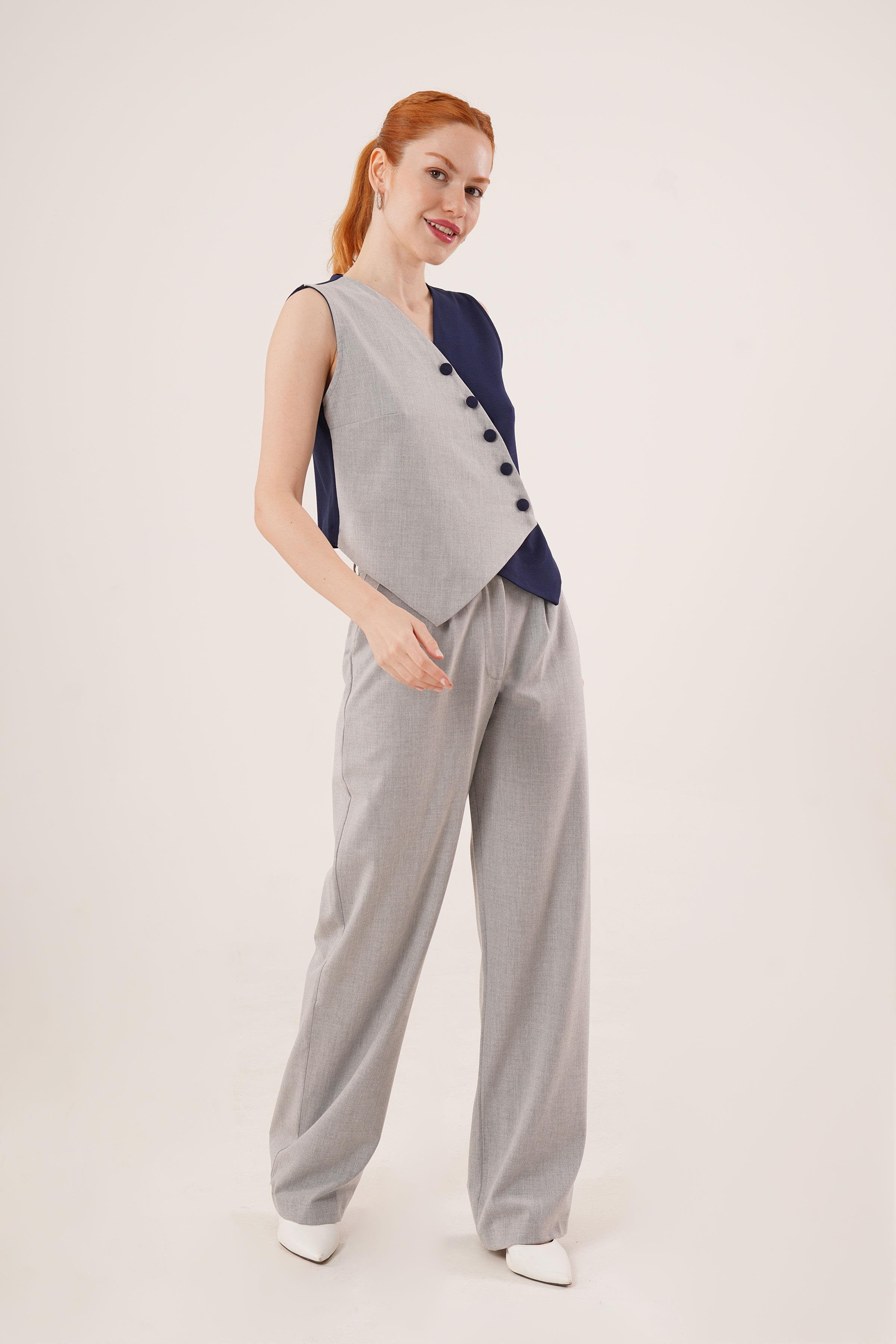 Çapraz Model Düğmeli Lacivert Toptan Yelek