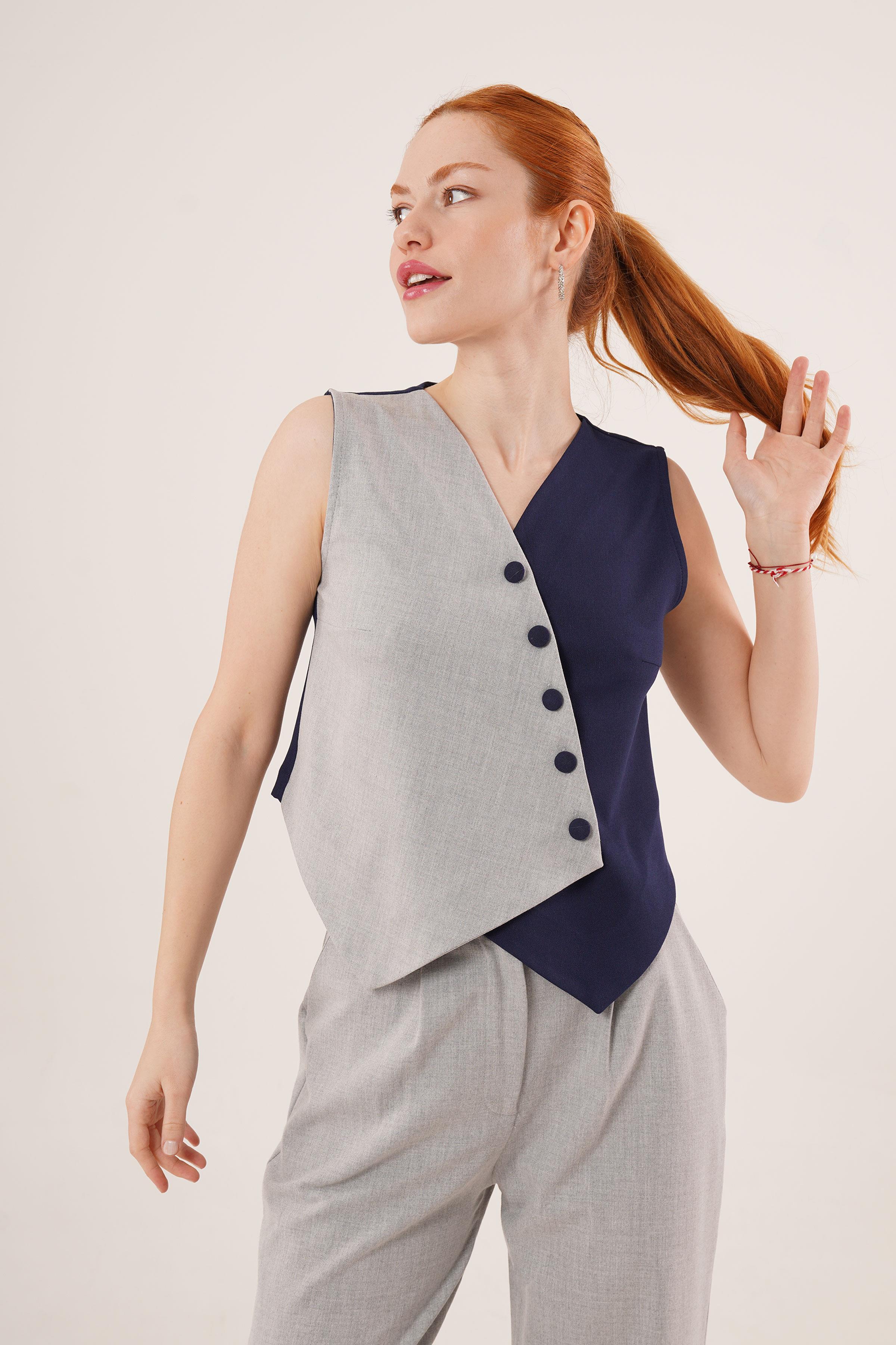 Çapraz Model Düğmeli Lacivert Toptan Yelek Lacivert S