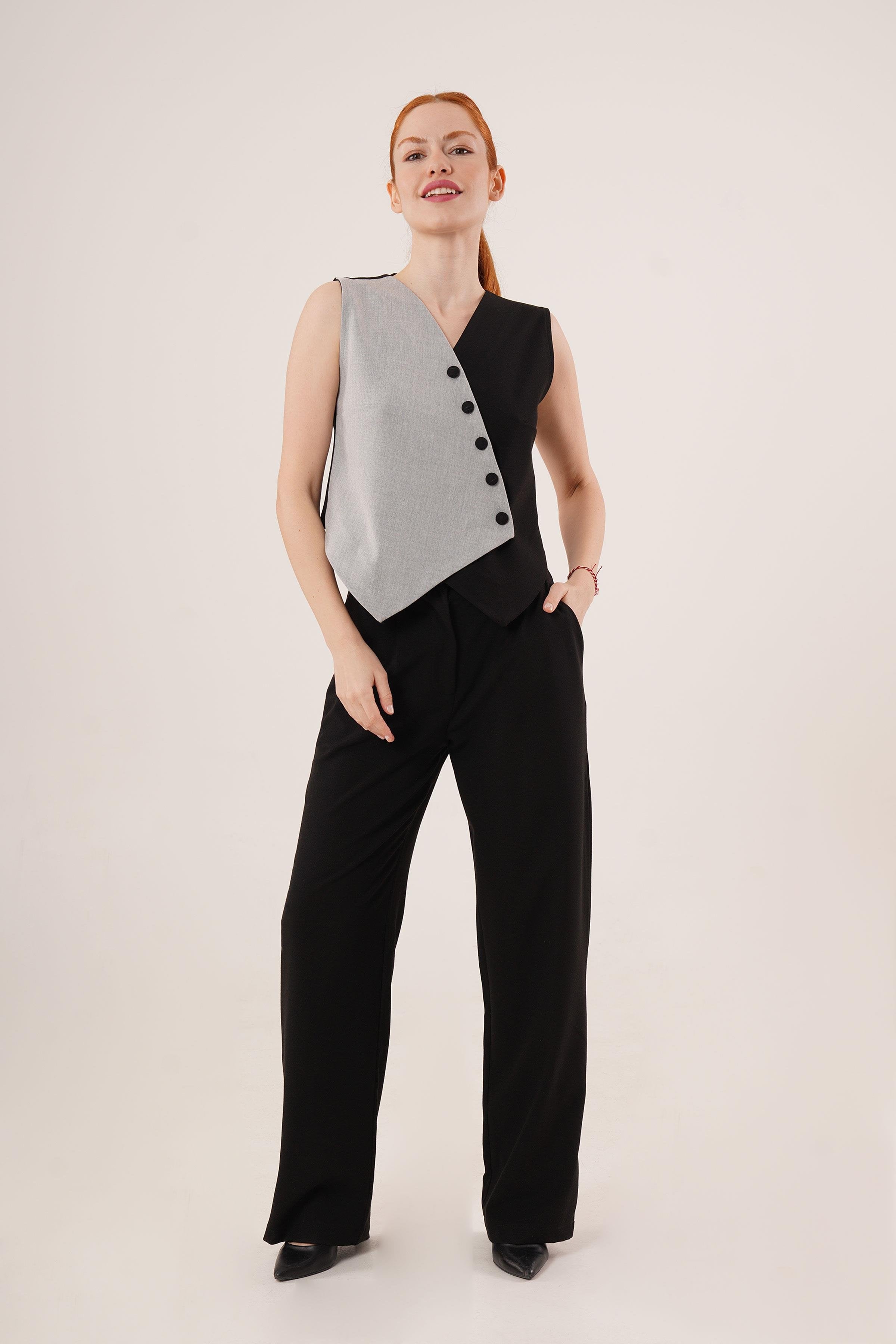 Çapraz Model Düğmeli Siyah Toptan Yelek