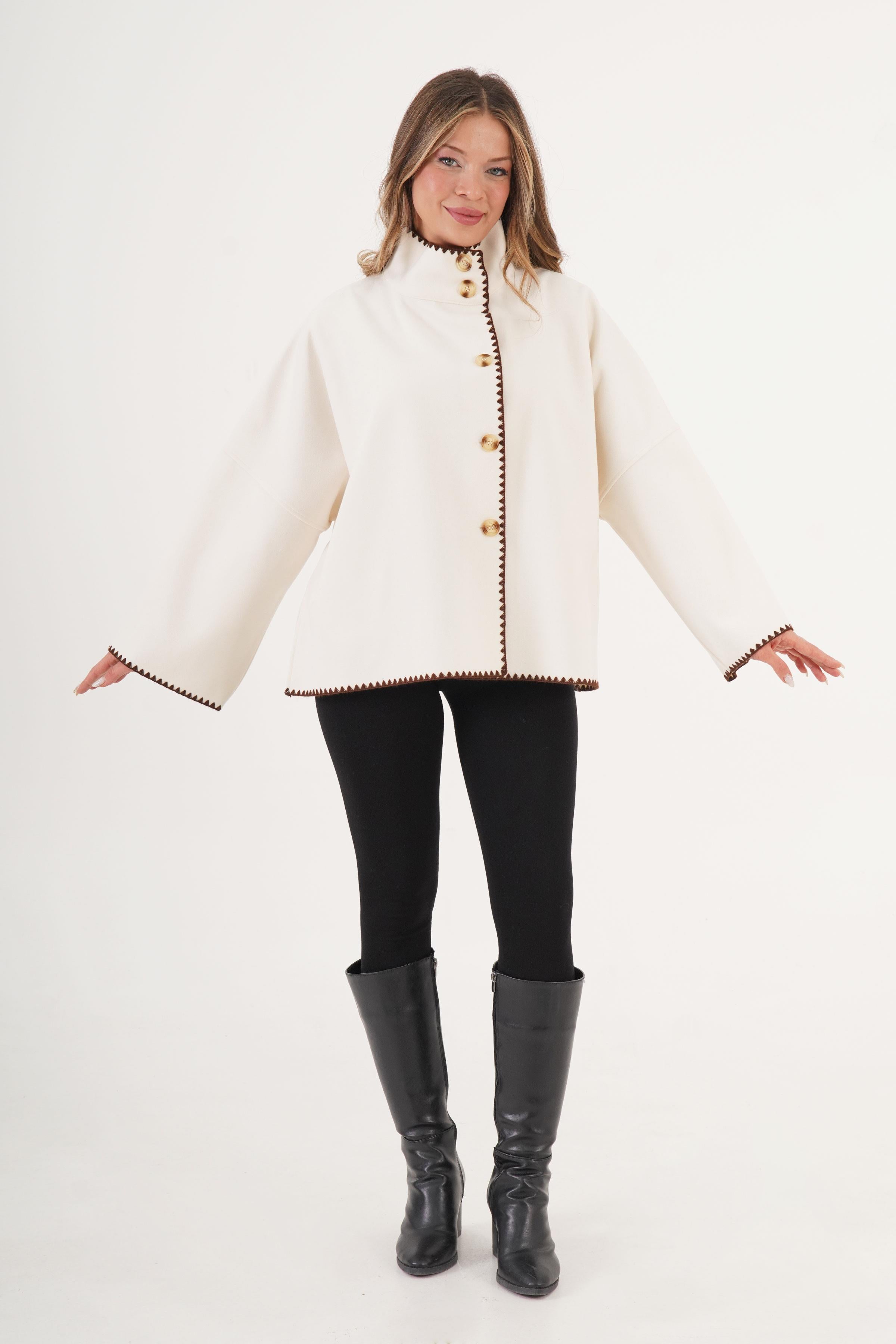 Kroşatalı Düğmeli Toptan Ekru Panço