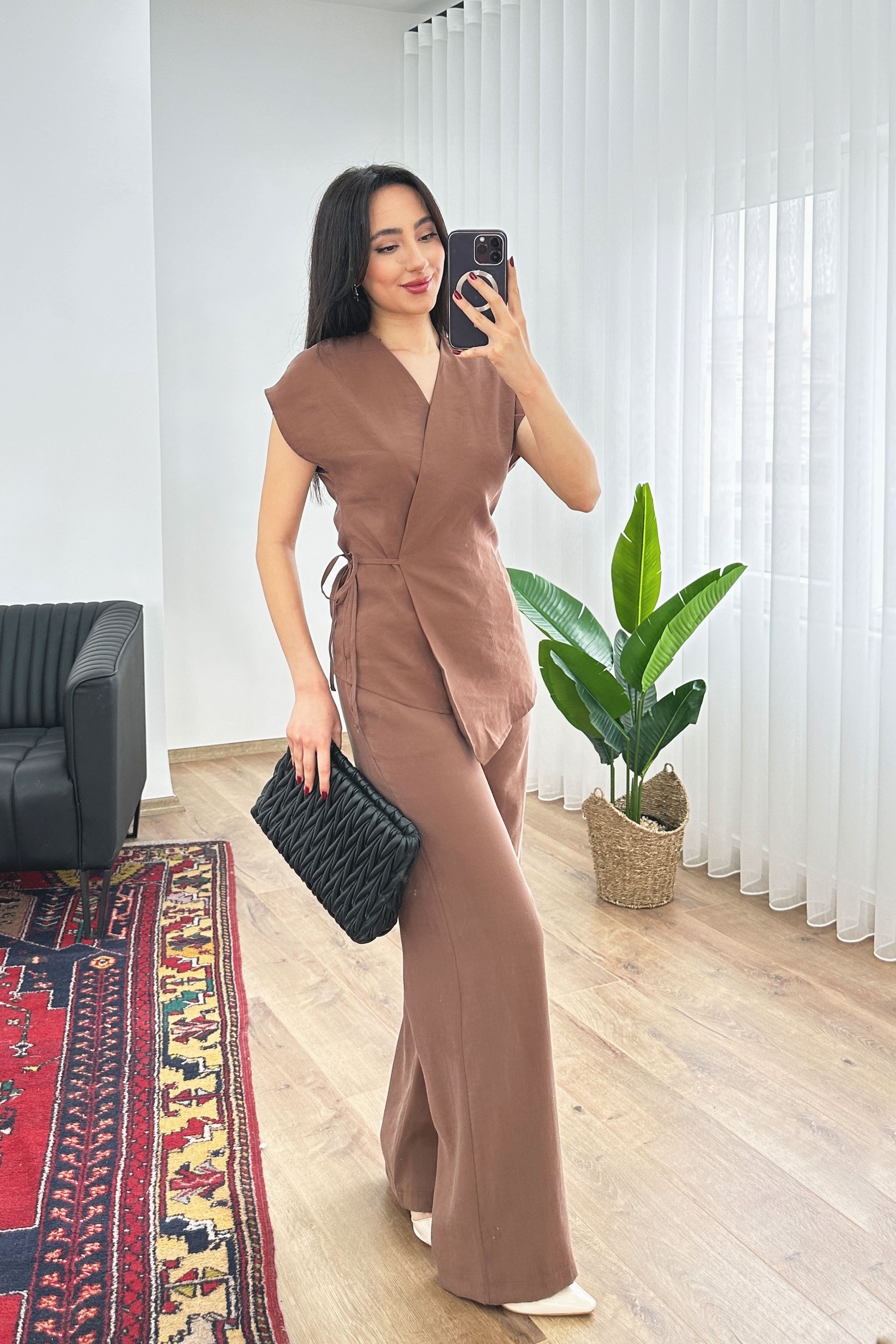 Modal Tek Düğme Kapamalı Oversize Camel Toptan Takım