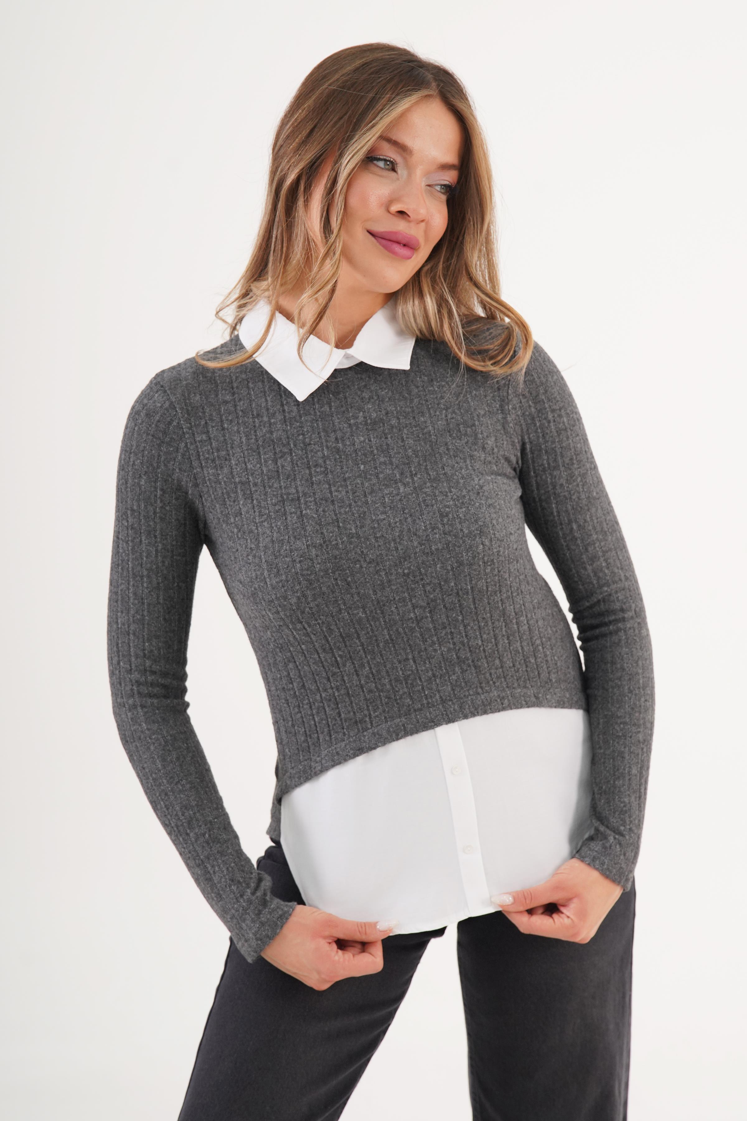 Gömlek Detaylı Uzun Kol Toptan Antrasit Bluz