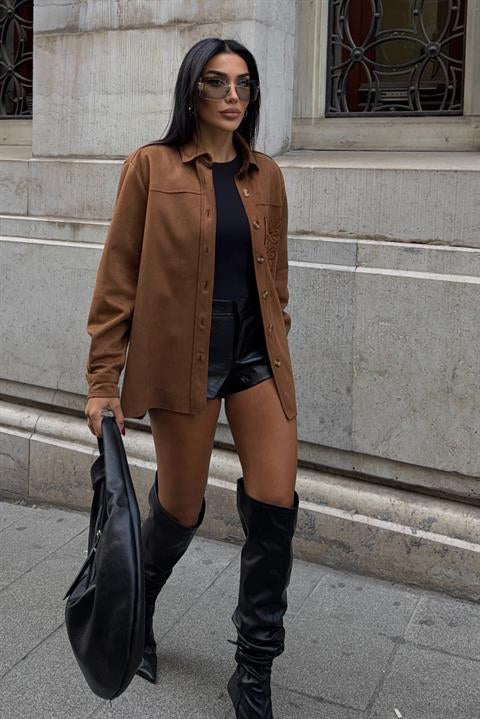 Cebi Nakış Detaylı Süet Gömlek 3484