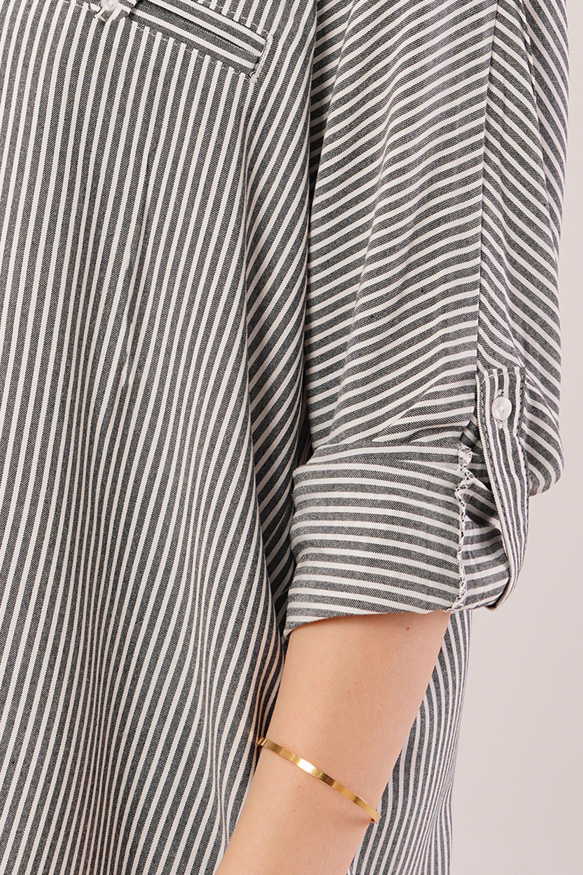 Cep Detay Gri Oversize Çizgili Toptan Gömlek