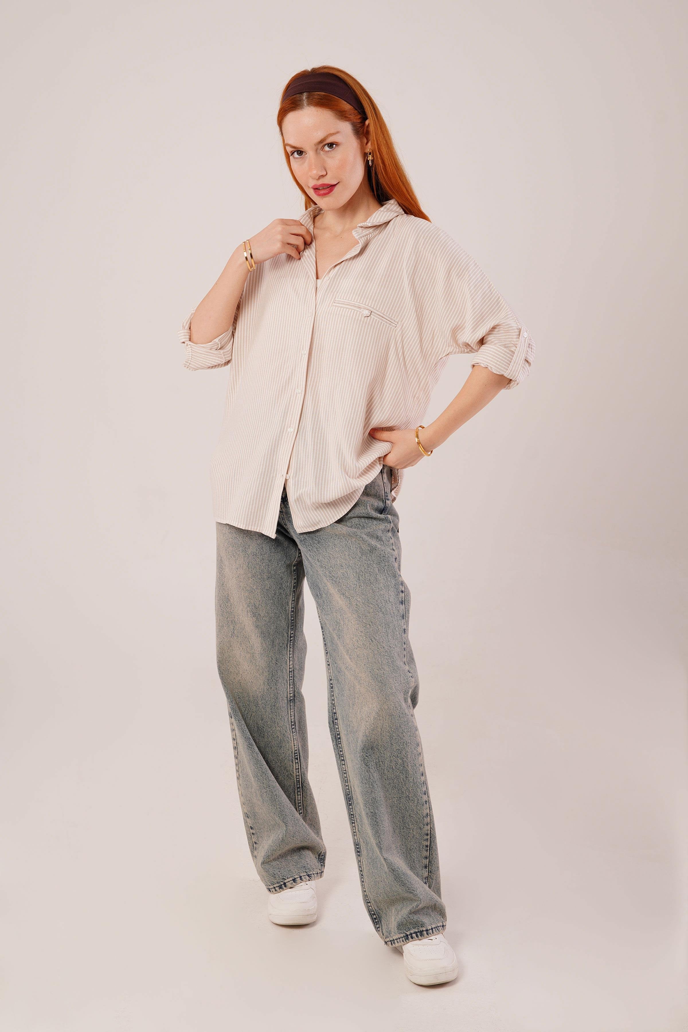 Cep Detay Krem Oversize Çizgili Toptan Gömlek