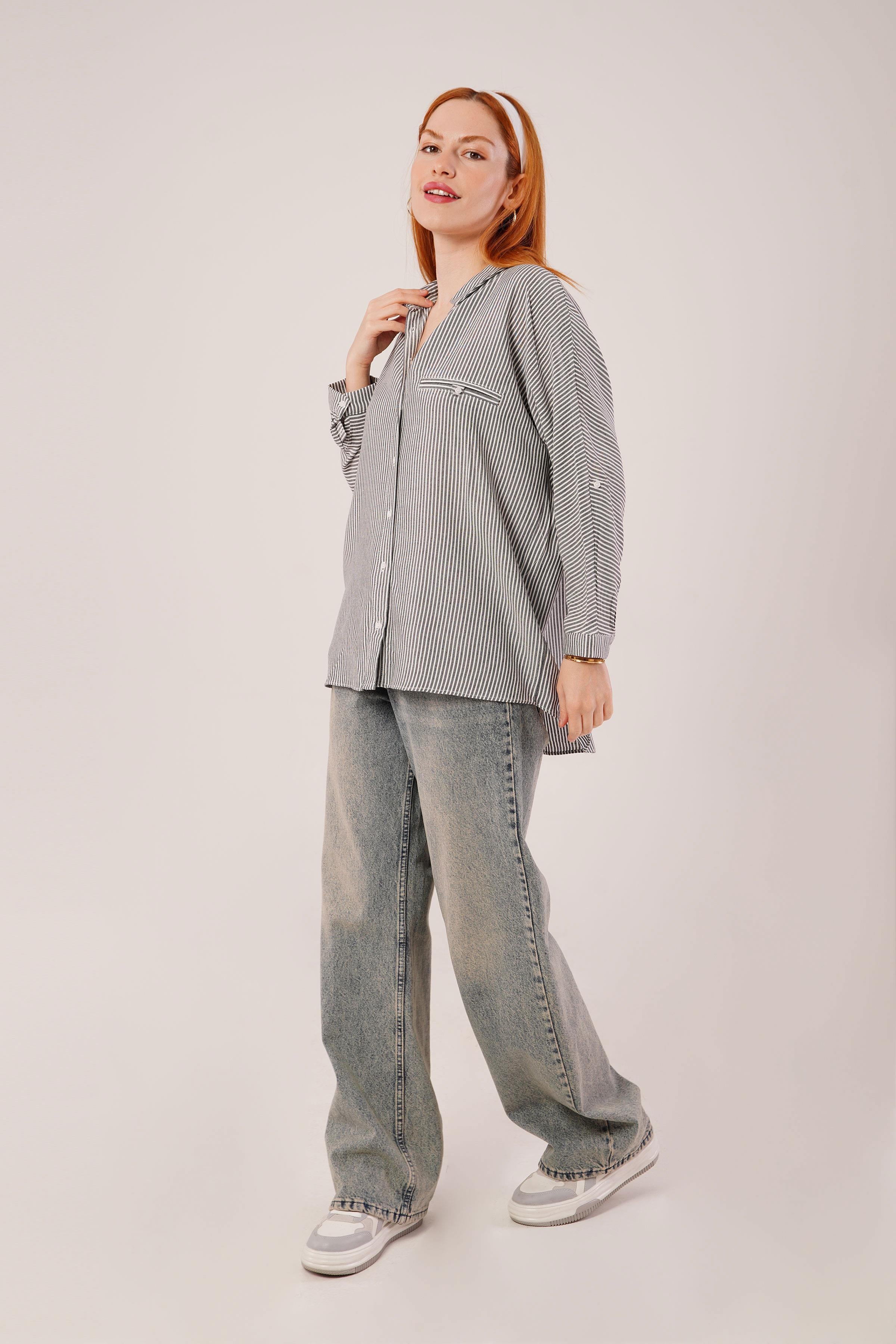 Cep Detay Gri Oversize Çizgili Toptan Gömlek
