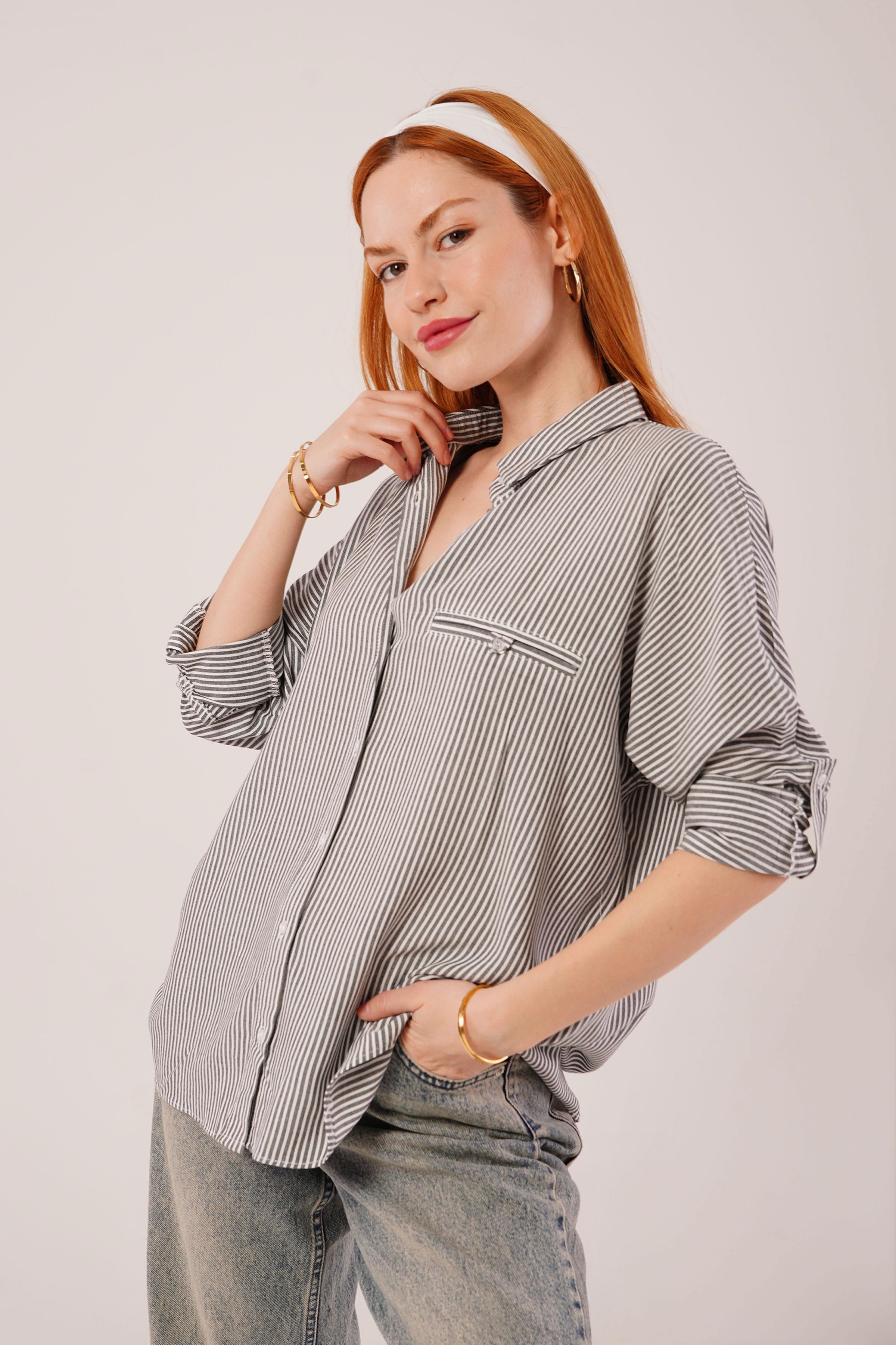 Cep Detay Gri Oversize Çizgili Toptan Gömlek