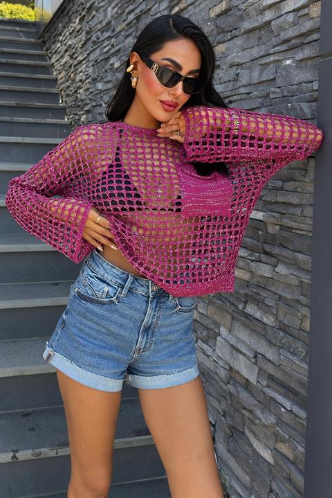 Cep Detay Simli Ajurlu Triko Bluz 1361