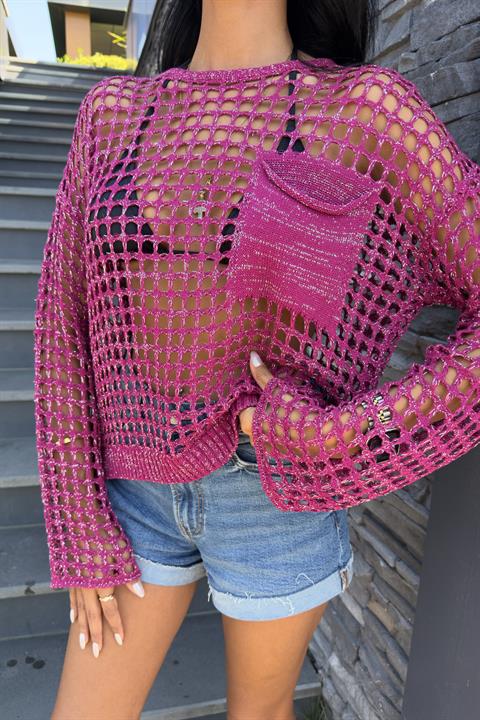 Cep Detay Simli Ajurlu Triko Bluz 1361