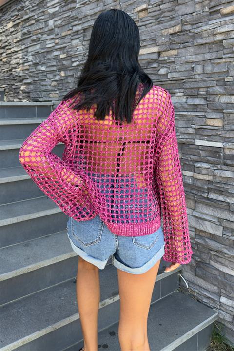 Cep Detay Simli Ajurlu Triko Bluz 1361