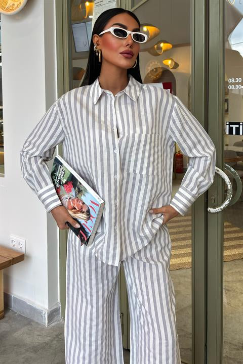 Cep Detaylı Salaş Çizgili Takım 10172