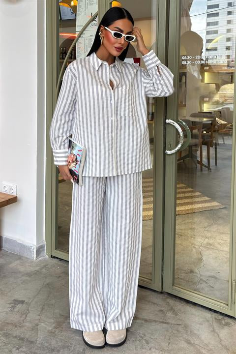 Cep Detaylı Salaş Çizgili Takım 10172 GRİ L