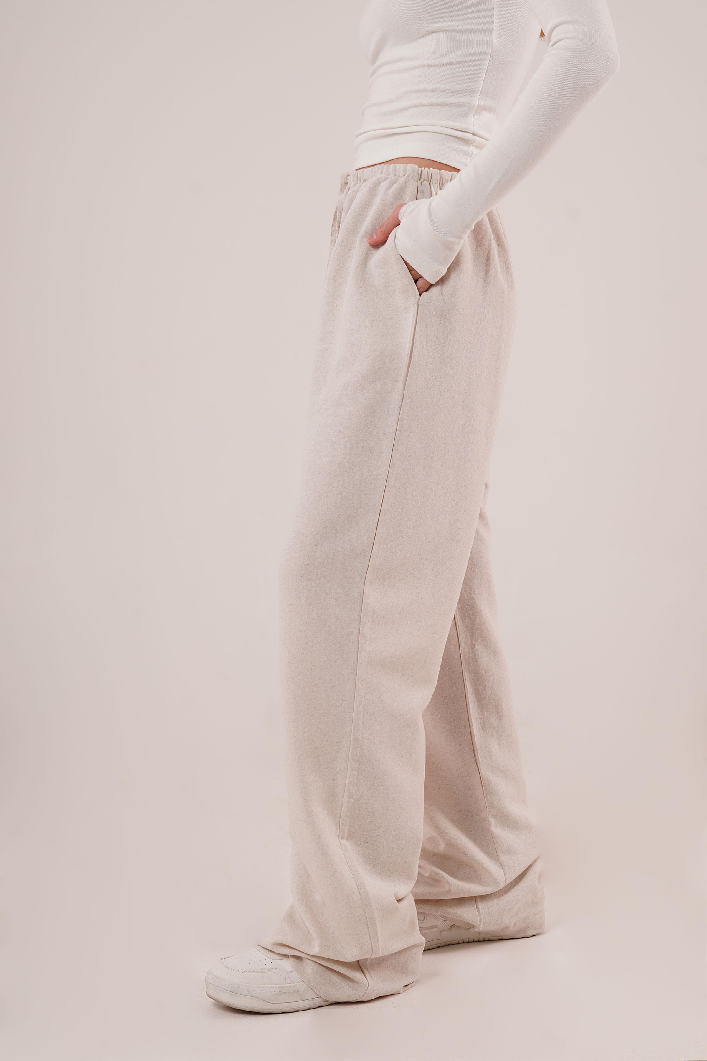 Cepli Bağlama Detaylı Keten Toptan Ekru Pantolon