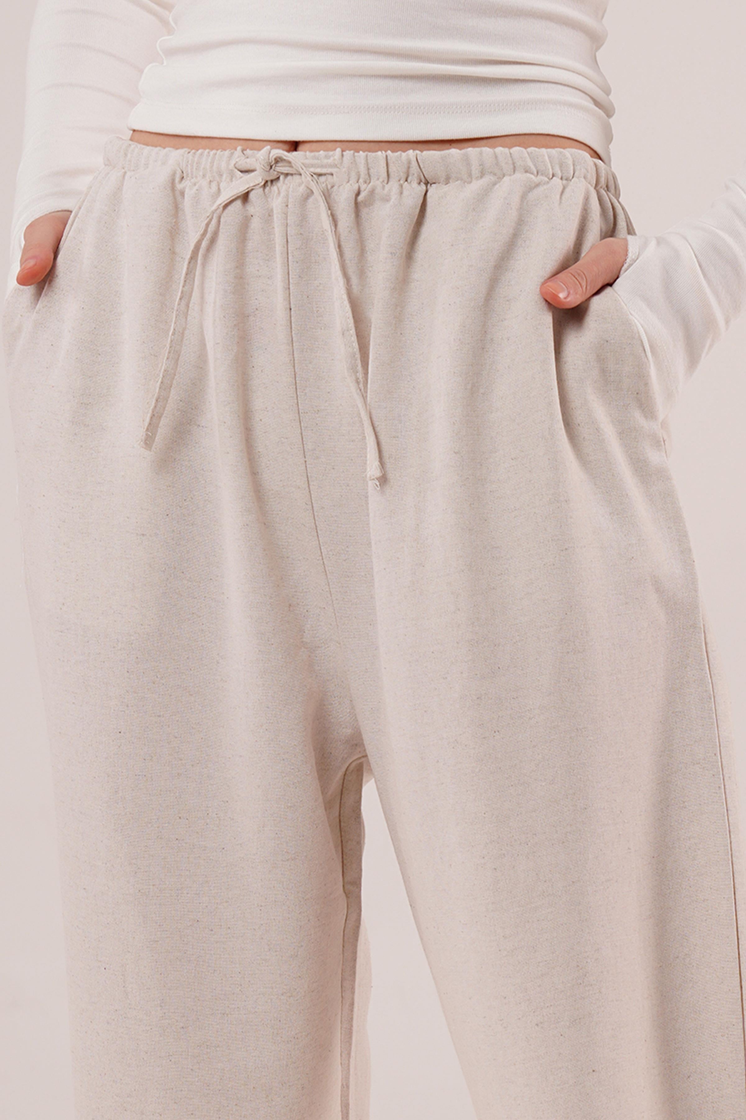 Cepli Bağlama Detaylı Keten Toptan Ekru Pantolon