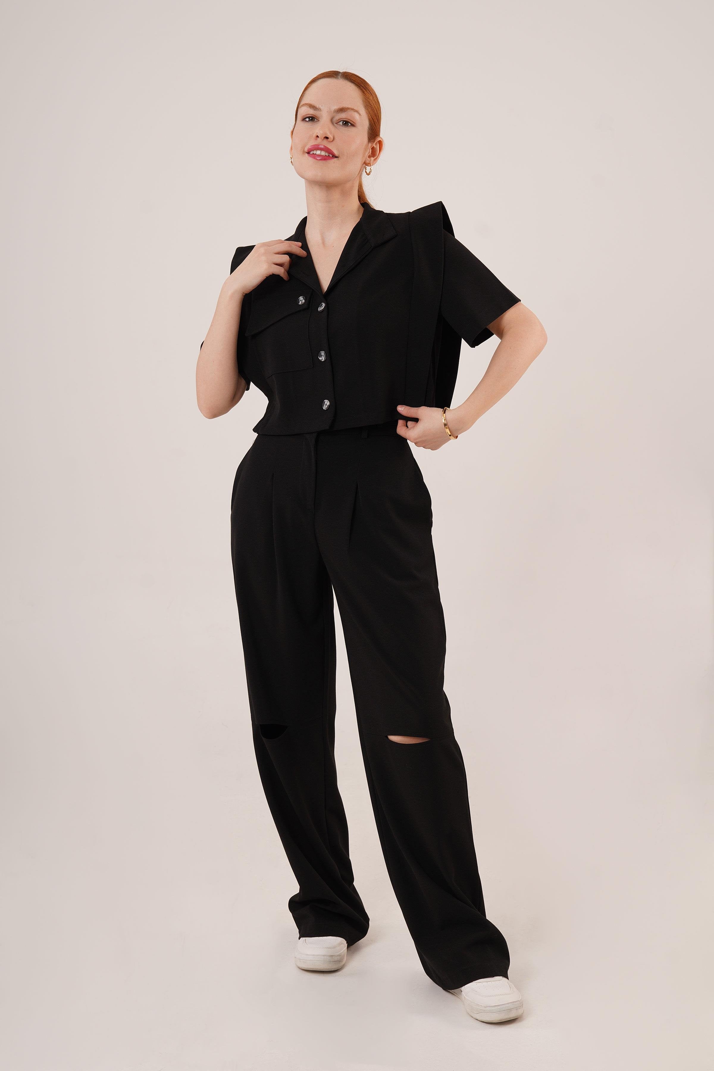 Cepli Düğmeli Bluz Ve Diz Detaylı Pantolon Siyah Toptan İkili Takım Siyah S