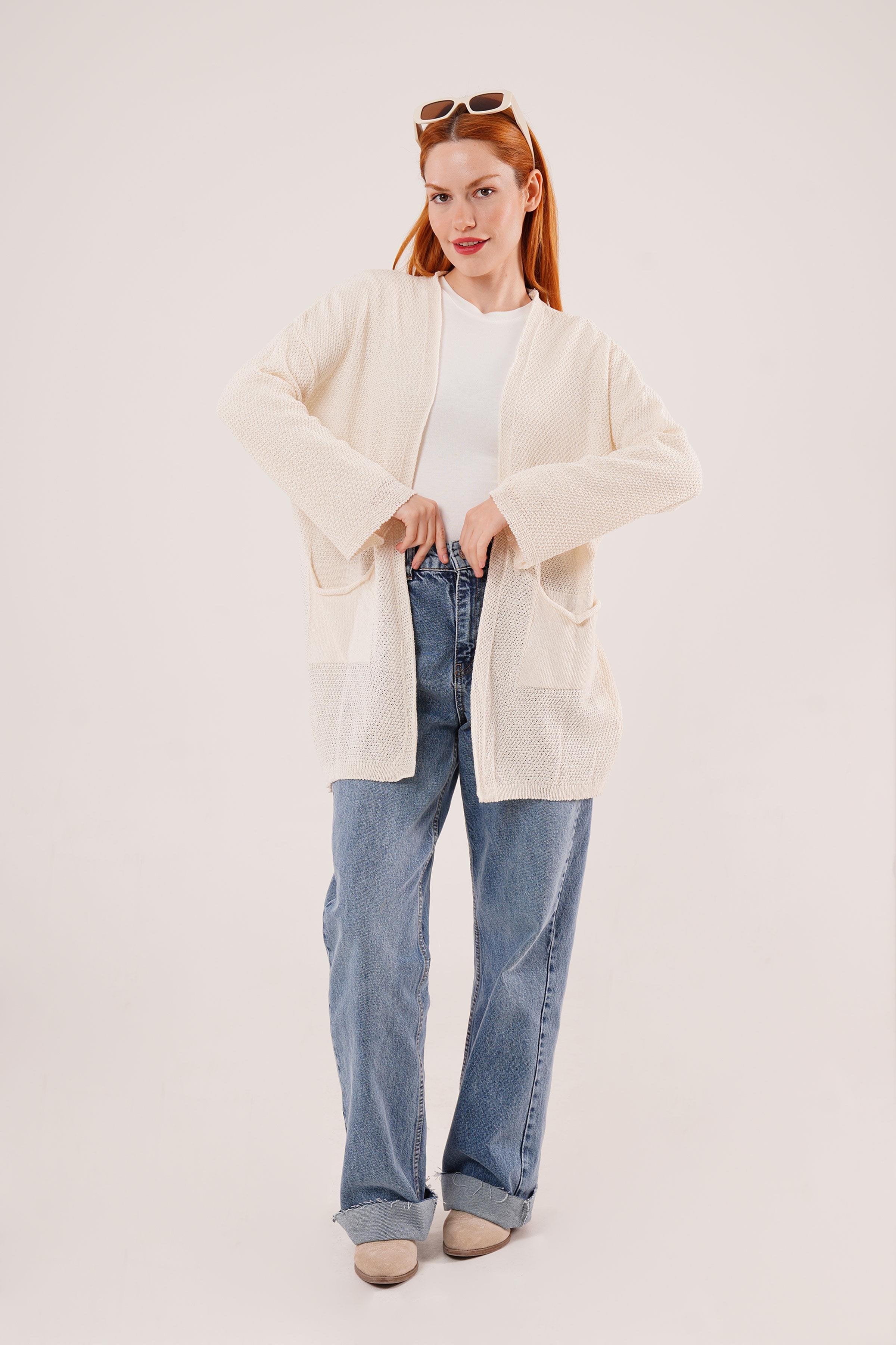 Cepli Salaş Model Triko Uzun Toptan Krem Hırka