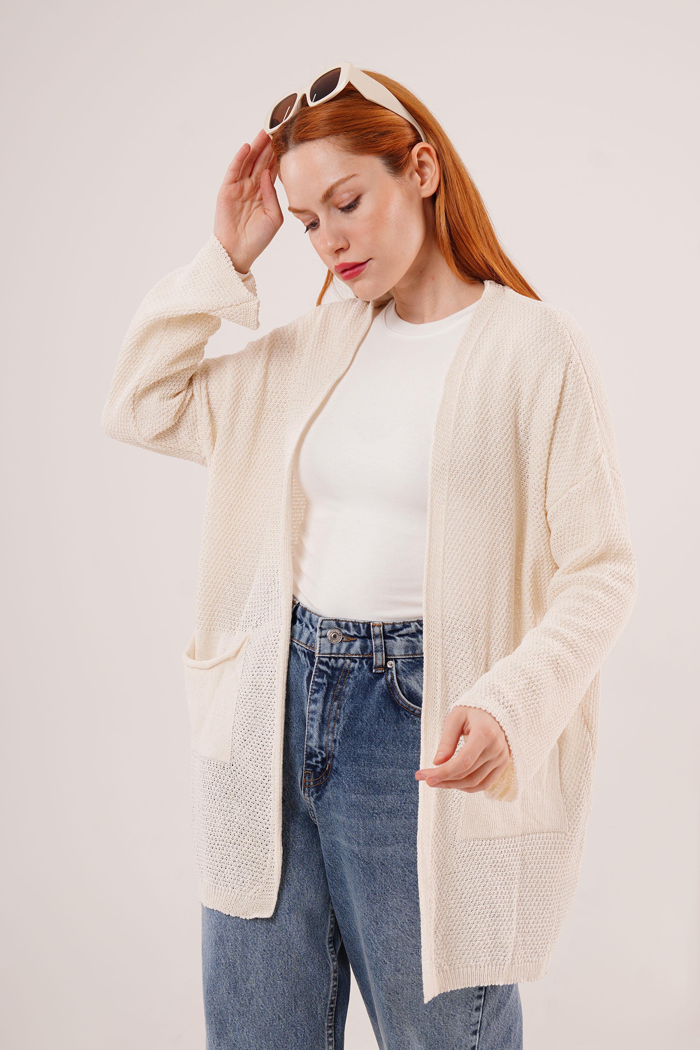 Cepli Salaş Model Triko Uzun Toptan Krem Hırka