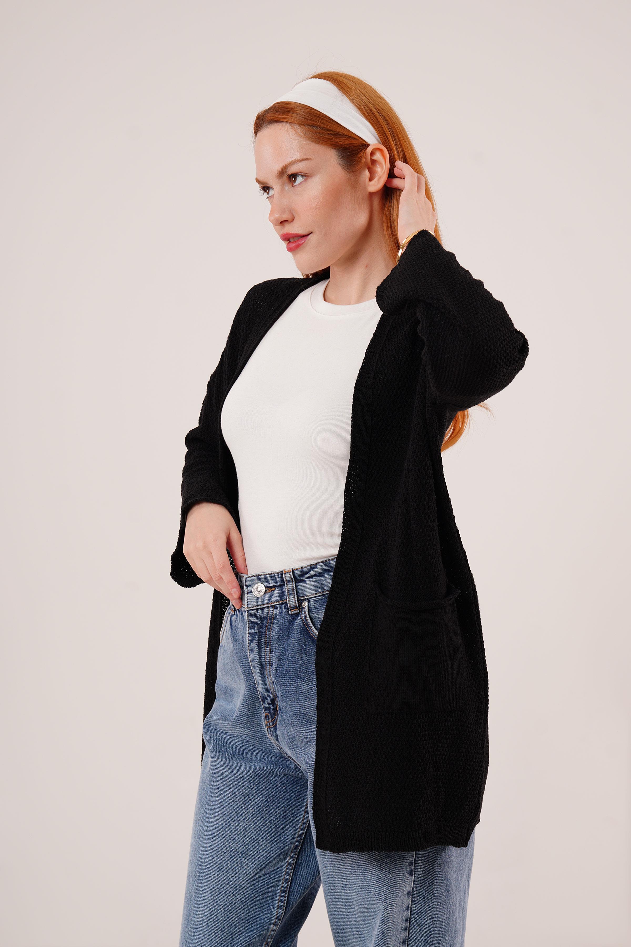 Cepli Salaş Model Triko Uzun Toptan Siyah Hırka