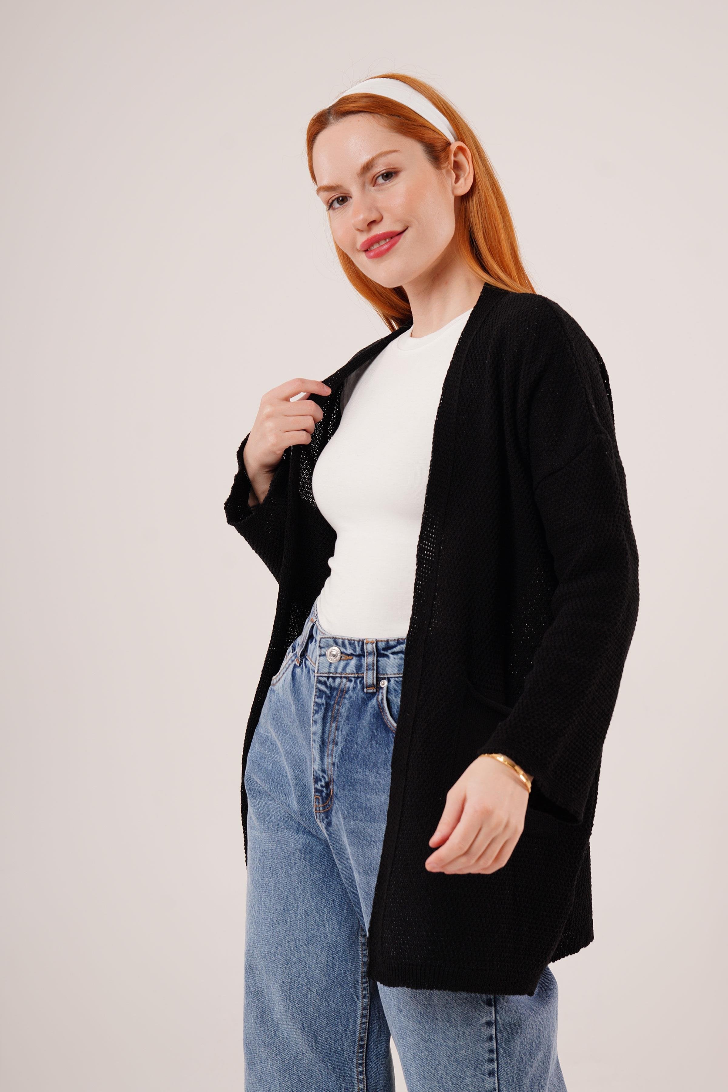 Cepli Salaş Model Triko Uzun Toptan Siyah Hırka