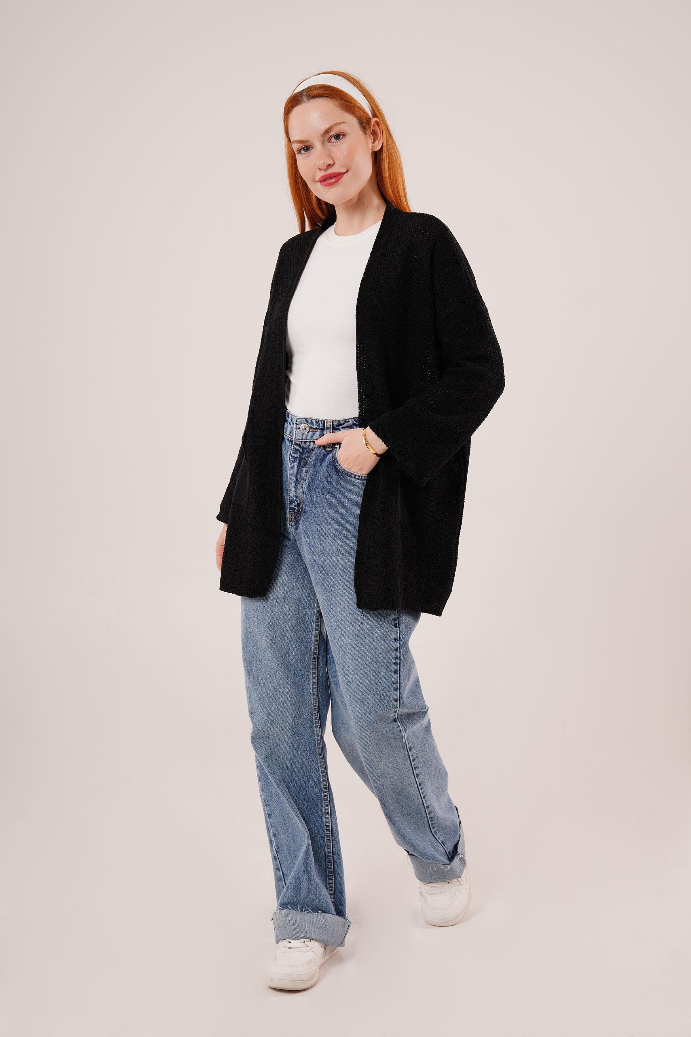Cepli Salaş Model Triko Uzun Toptan Siyah Hırka