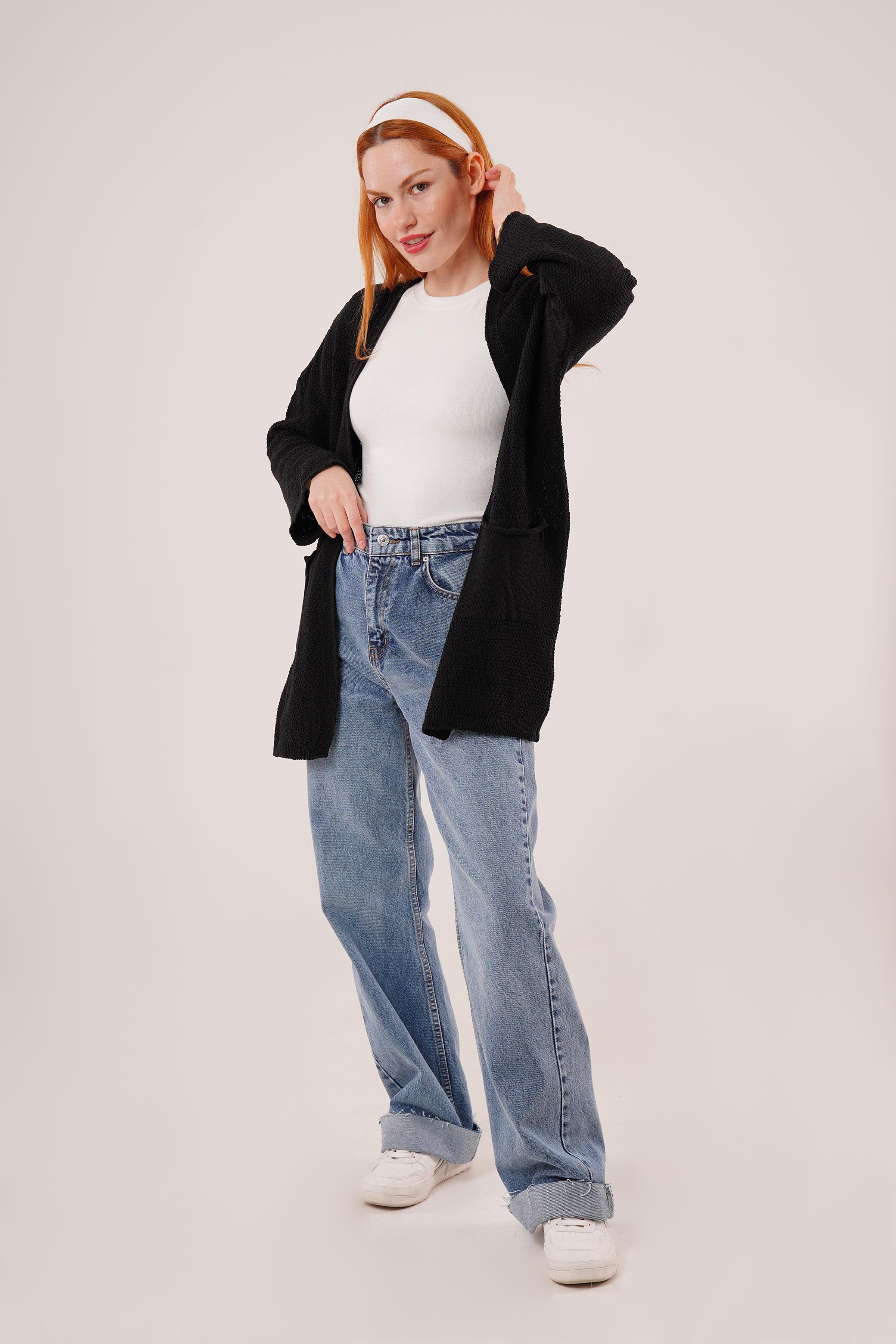 Cepli Salaş Model Triko Uzun Toptan Siyah Hırka