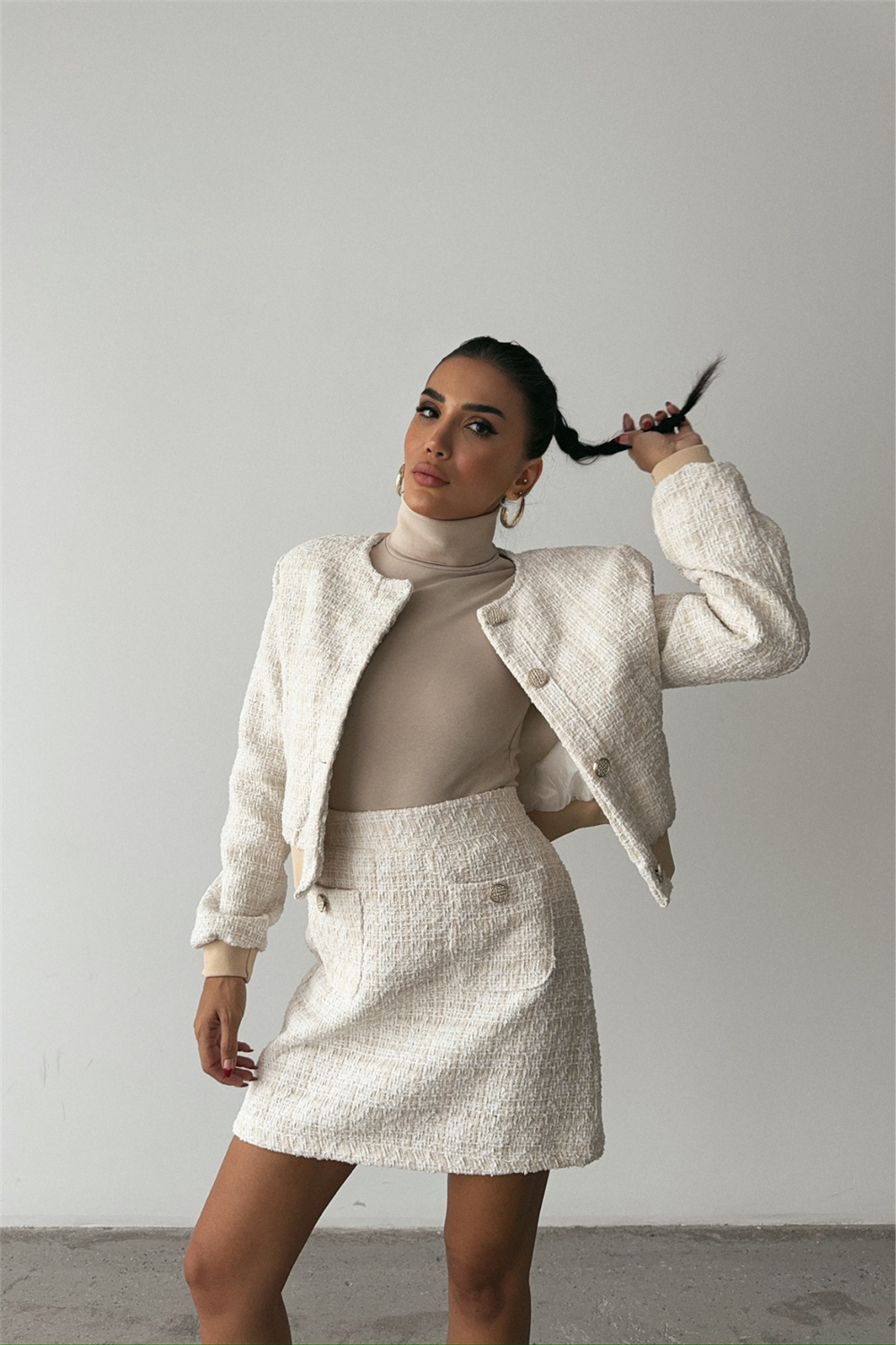 CHANEL CROP CEKET-KISA ETEK TAKIM - Beyaz