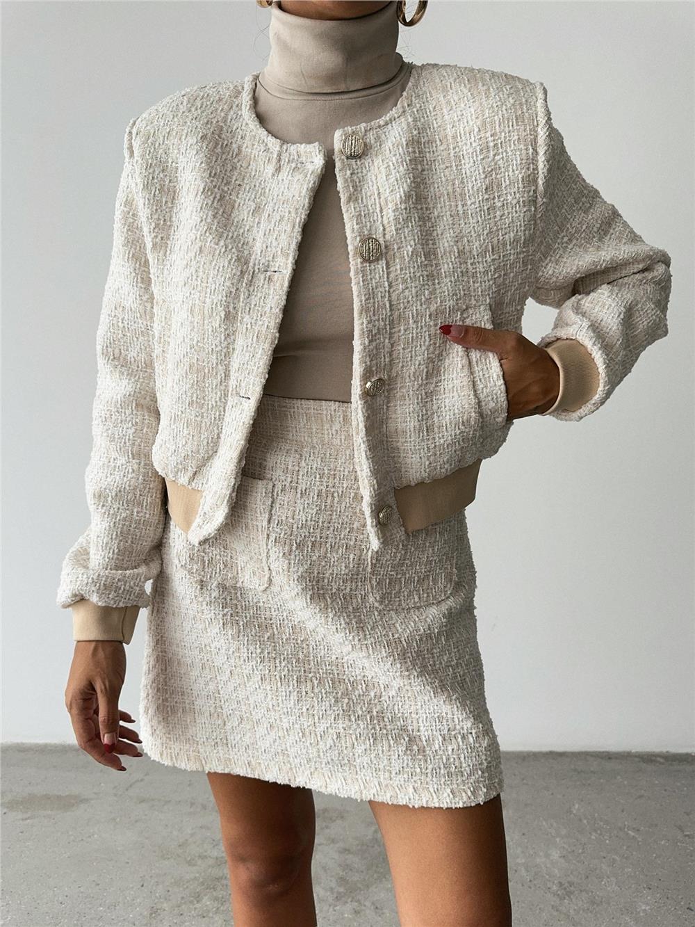 CHANEL CROP CEKET-KISA ETEK TAKIM - Beyaz