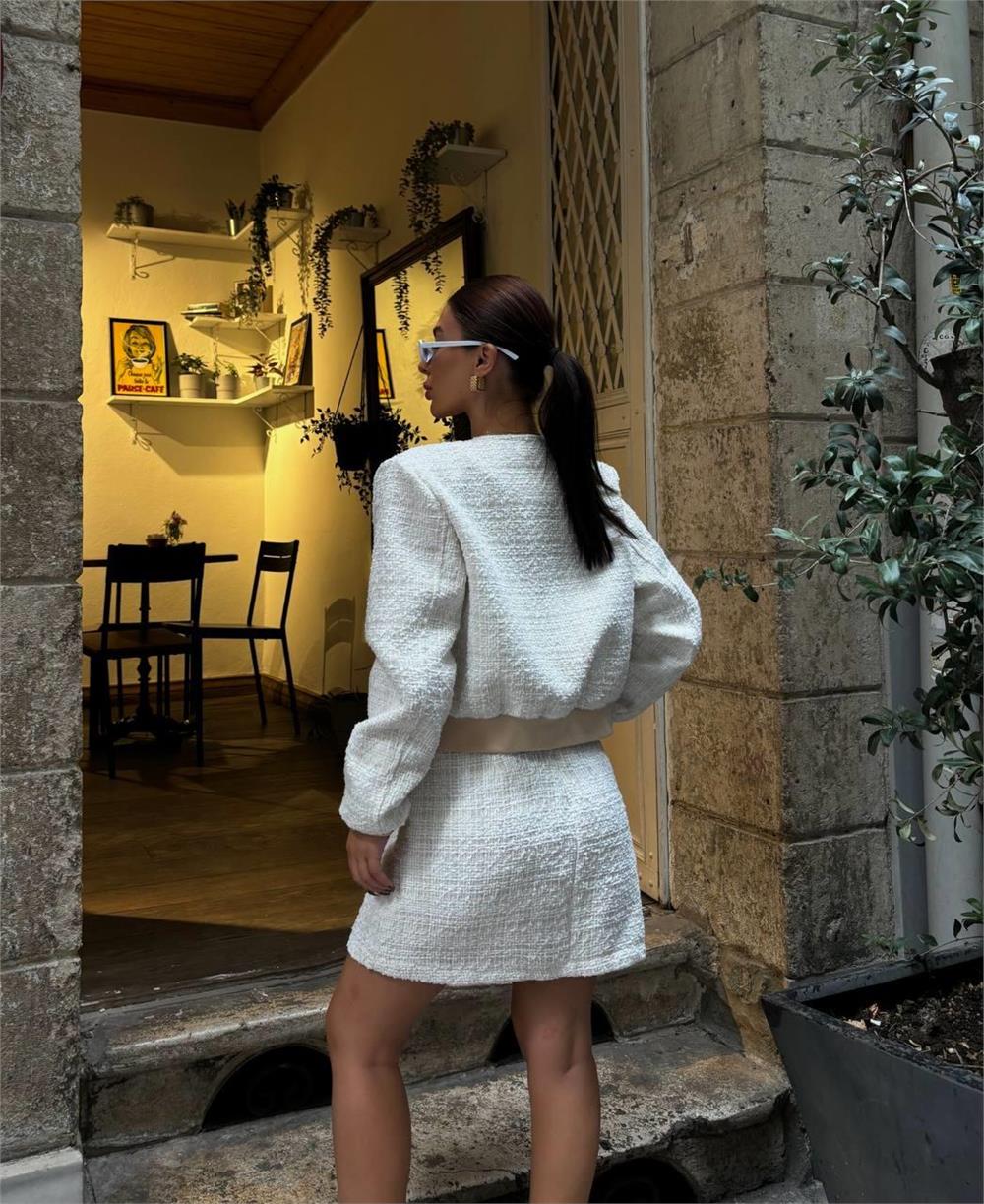 CHANEL CROP CEKET-KISA ETEK TAKIM - Beyaz