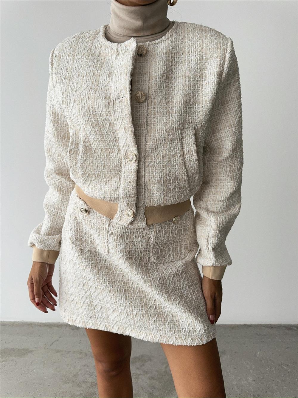 CHANEL CROP CEKET-KISA ETEK TAKIM - Beyaz