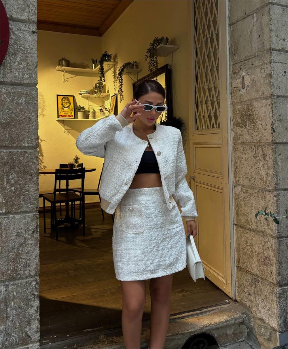 CHANEL CROP CEKET-KISA ETEK TAKIM - Beyaz