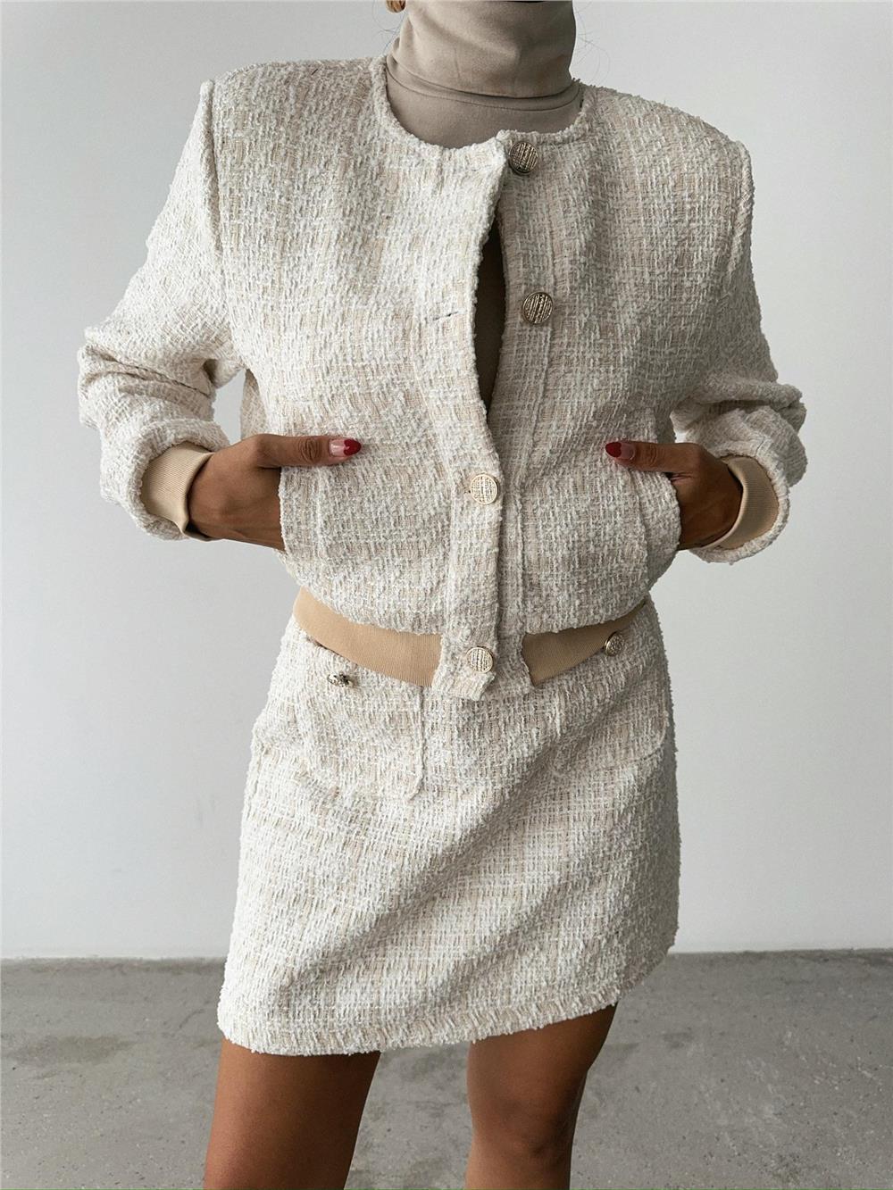 CHANEL CROP CEKET-KISA ETEK TAKIM - Beyaz