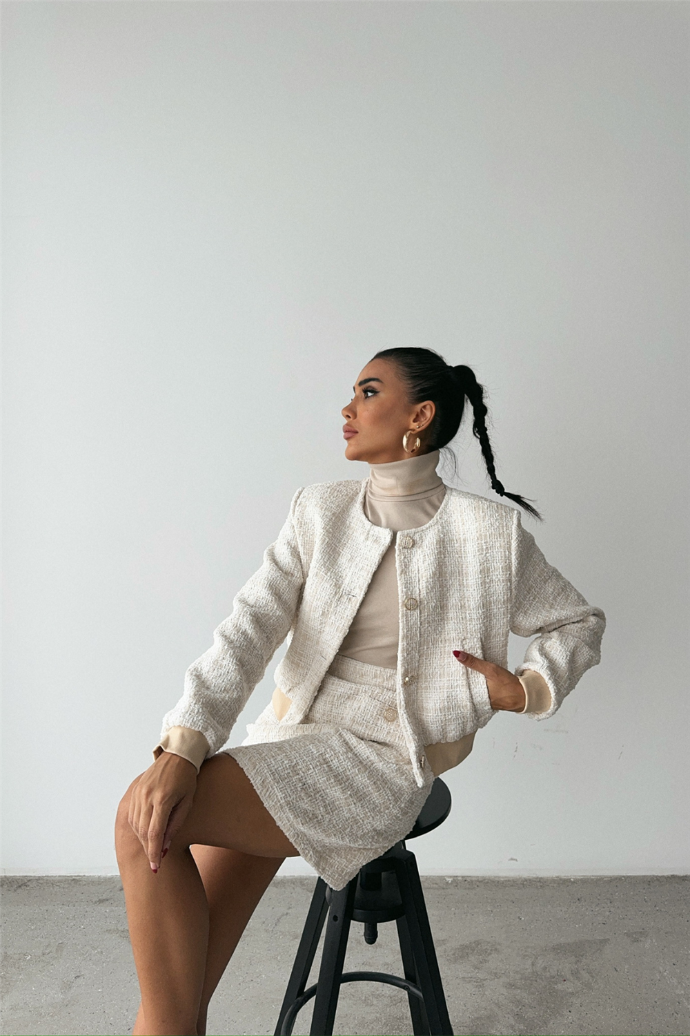 CHANEL CROP CEKET-KISA ETEK TAKIM - Beyaz