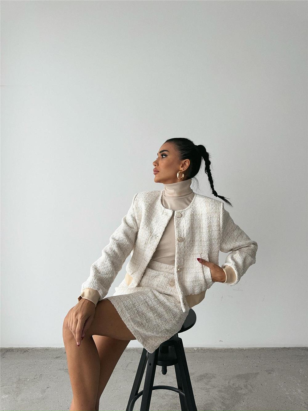 CHANEL CROP CEKET-KISA ETEK TAKIM - Beyaz