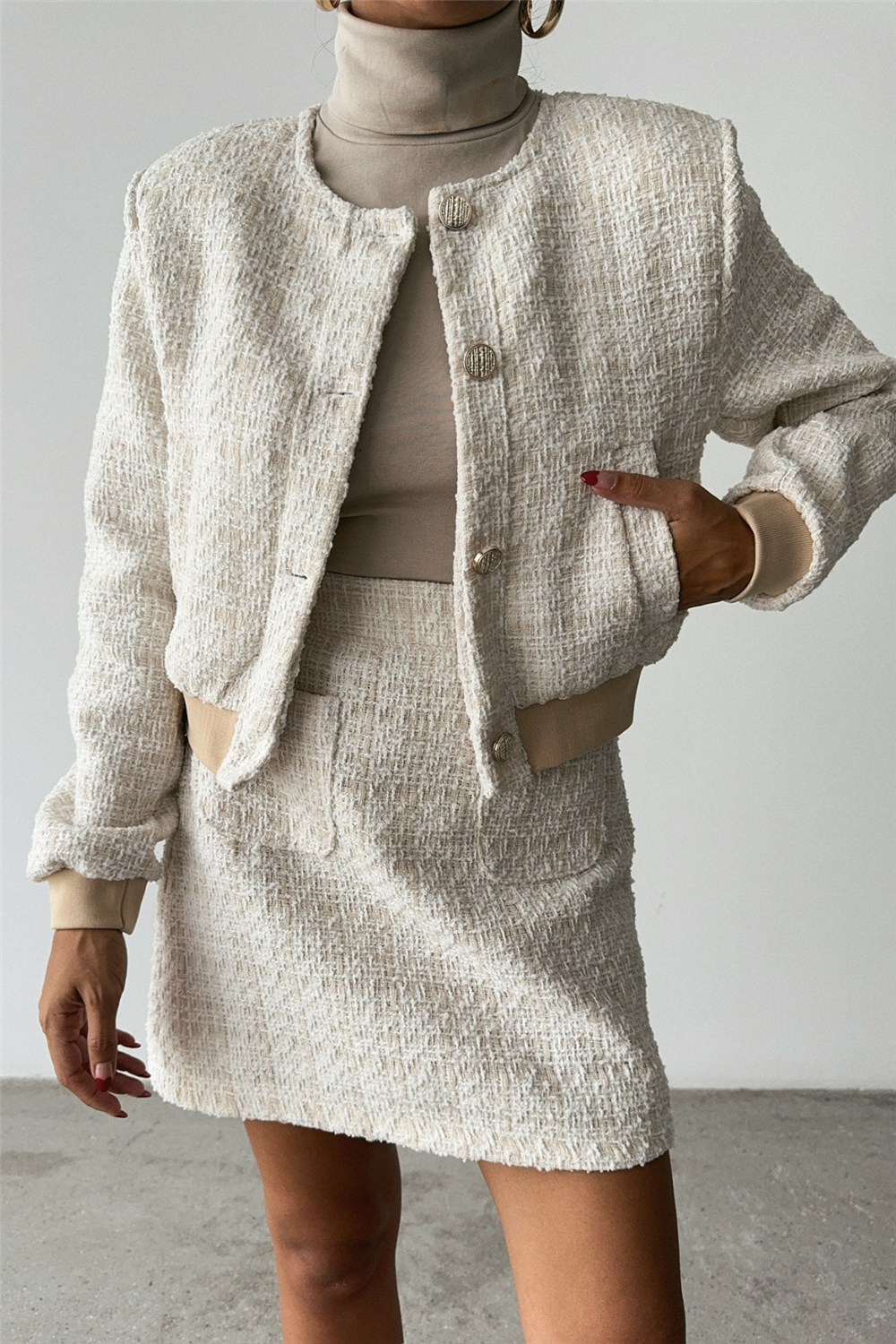 CHANEL CROP CEKET-KISA ETEK TAKIM - Beyaz