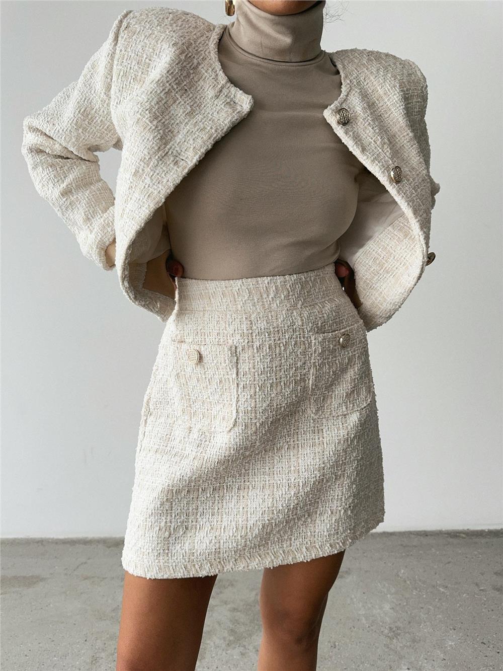 CHANEL CROP CEKET-KISA ETEK TAKIM - Beyaz