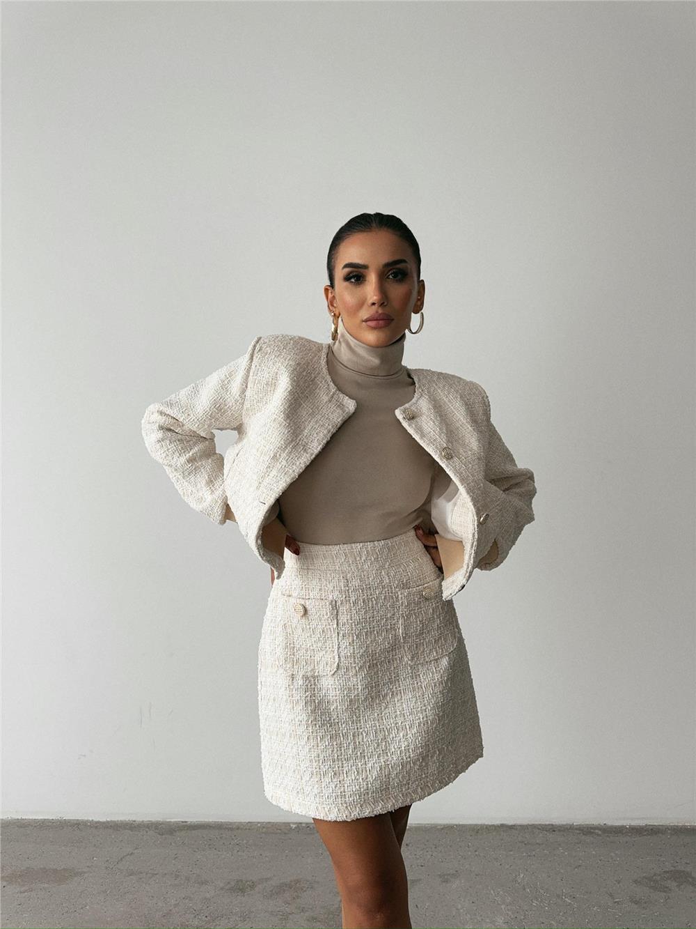 CHANEL CROP CEKET-KISA ETEK TAKIM - Beyaz