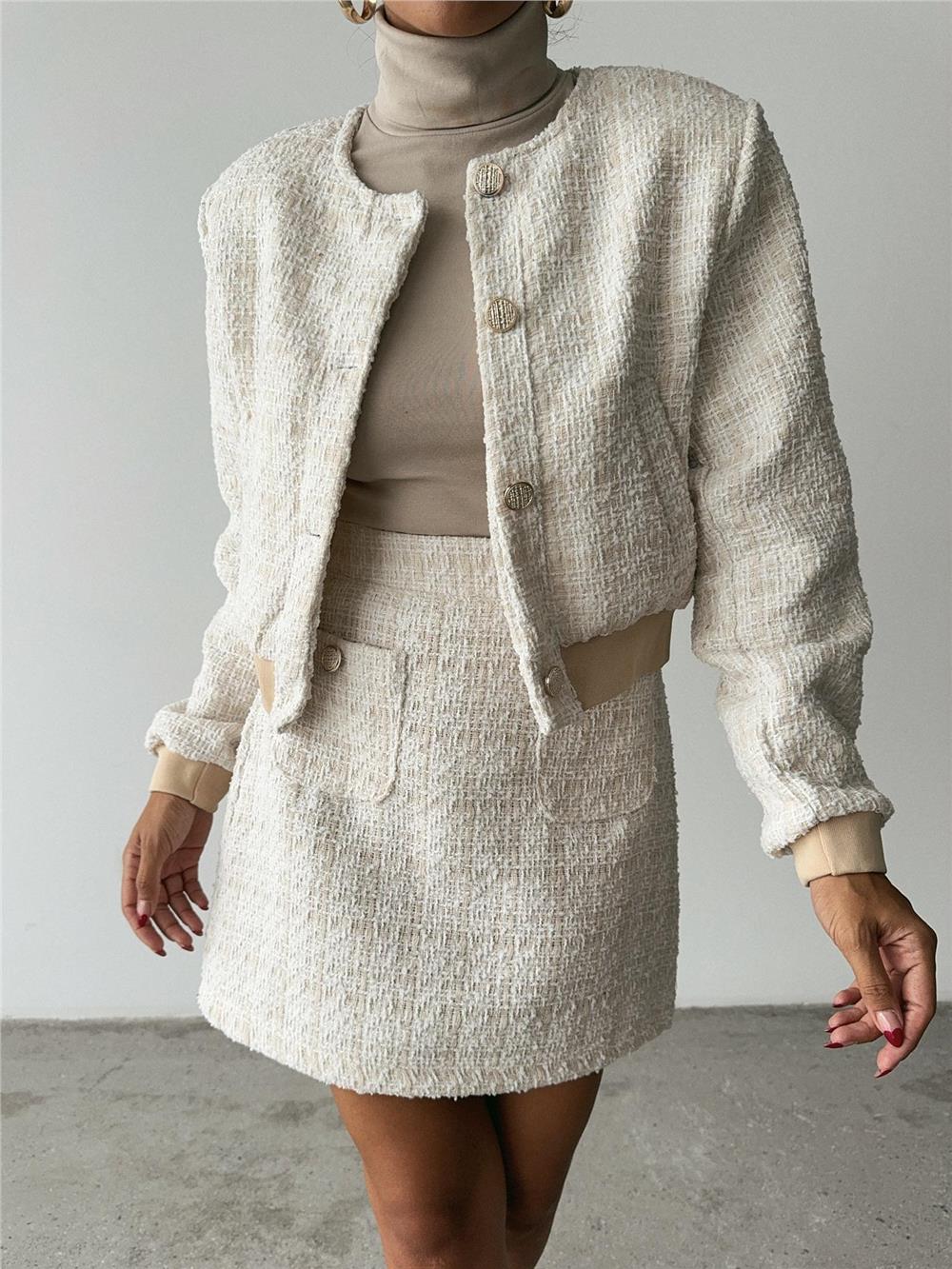 CHANEL CROP CEKET-KISA ETEK TAKIM - Beyaz