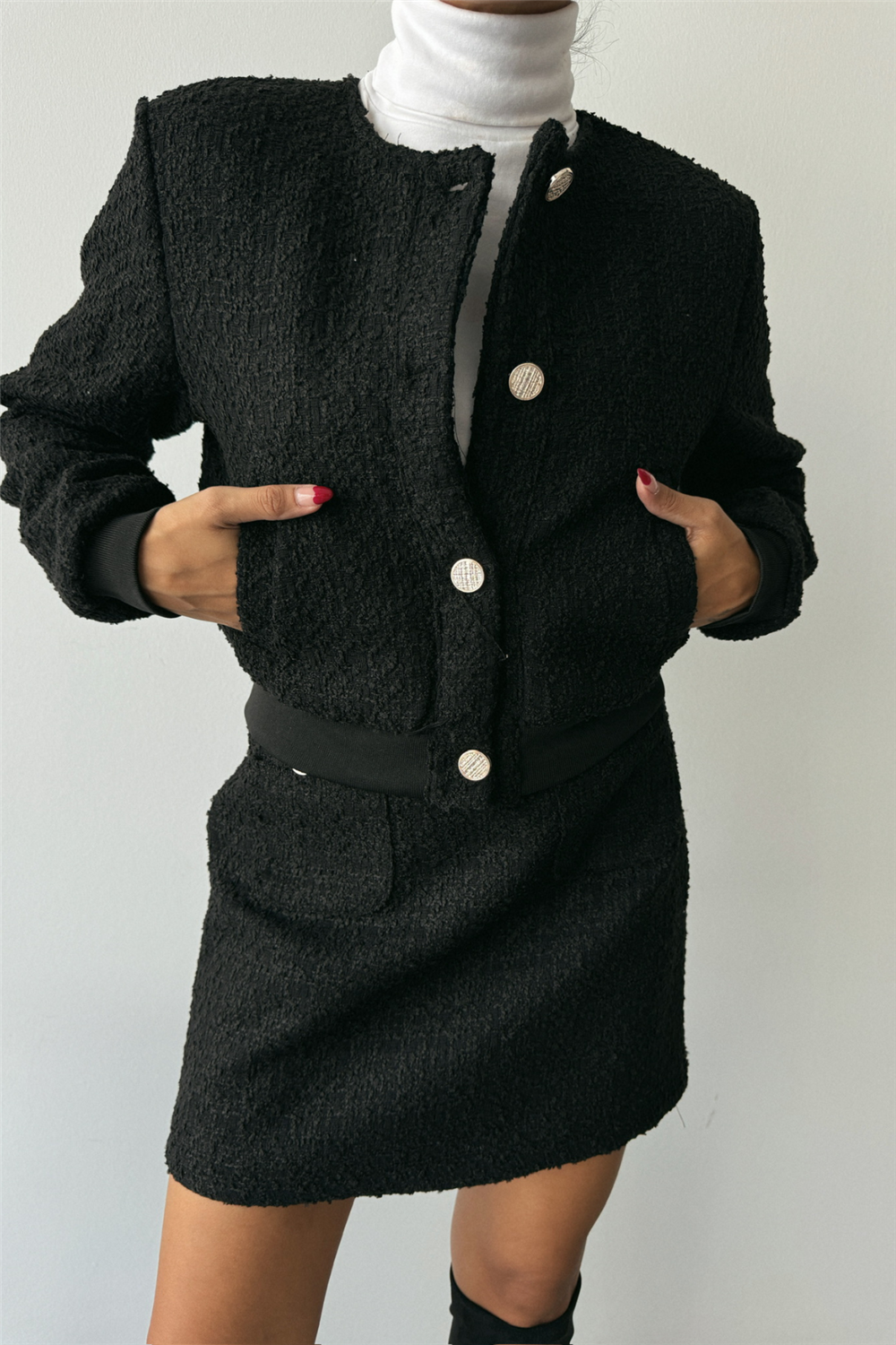 CHANEL CROP CEKET-KISA ETEK TAKIM - Siyah