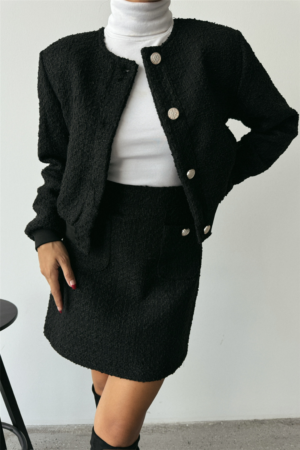 CHANEL CROP CEKET-KISA ETEK TAKIM - Siyah